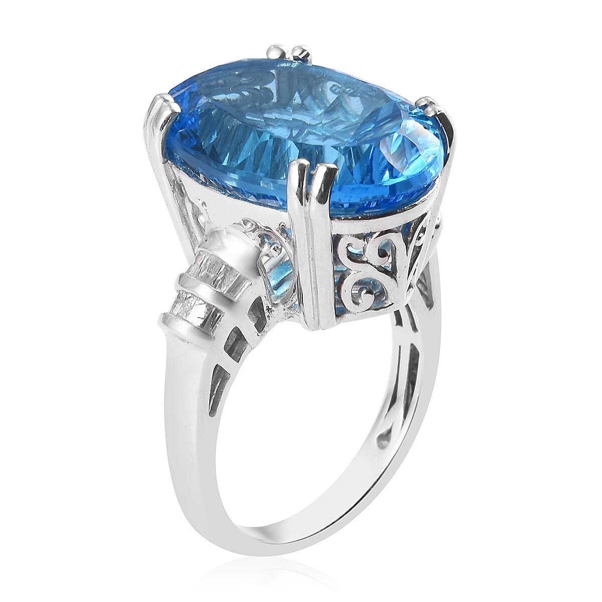 Swiss Blue Topaz and Diamond Ring in Platinum Overlay Sterling Silver 17.18 Ct, Silver wt 5.92 Gms