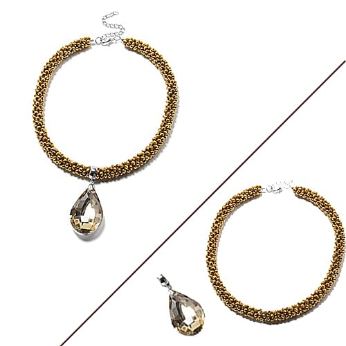 2 Piece Set  - Simulated Champagne Diamond and Golden Bead Necklace (Size 20) with Detachable Pendant