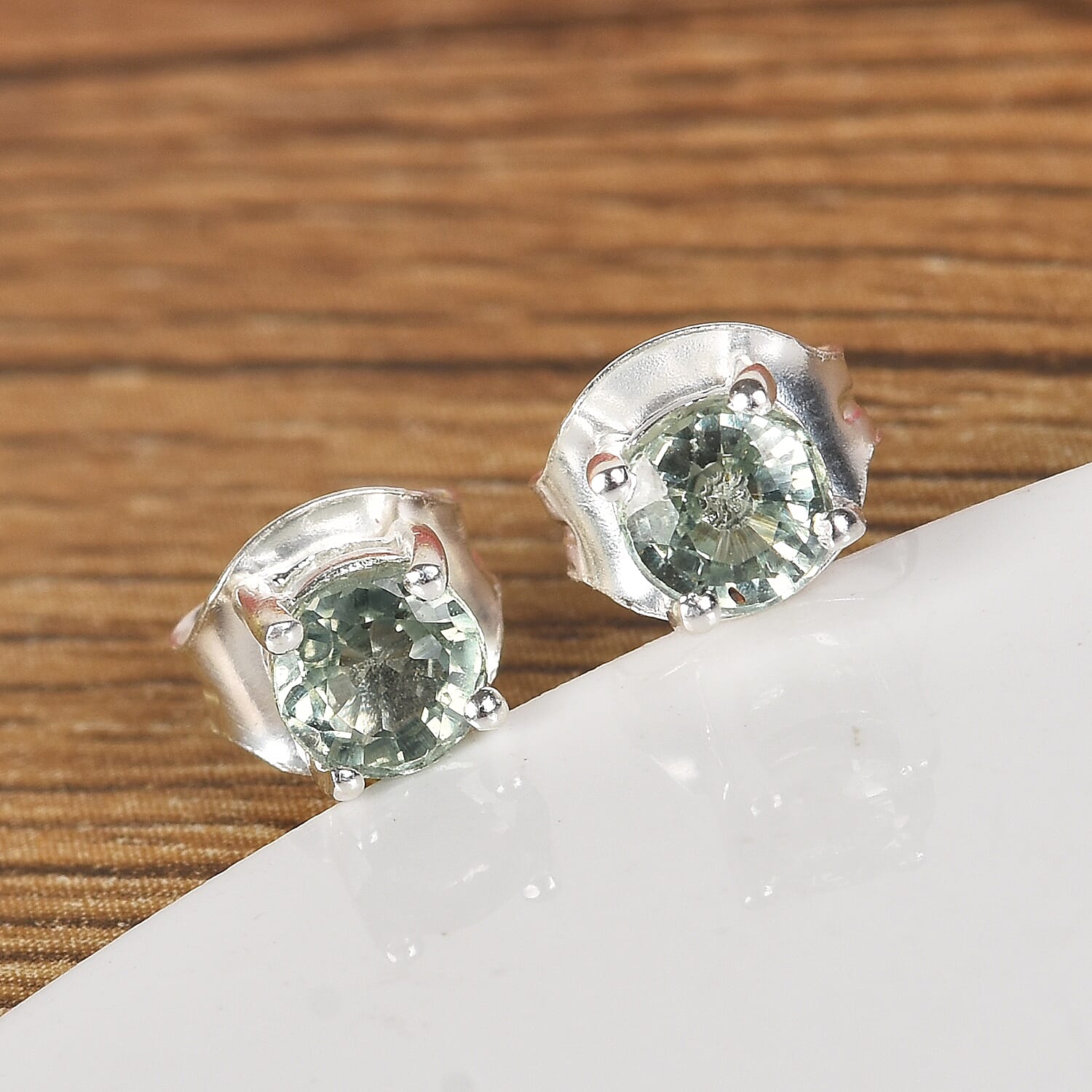 Green Sapphire Stud Earrings (with Push Back) in Sterling Silver