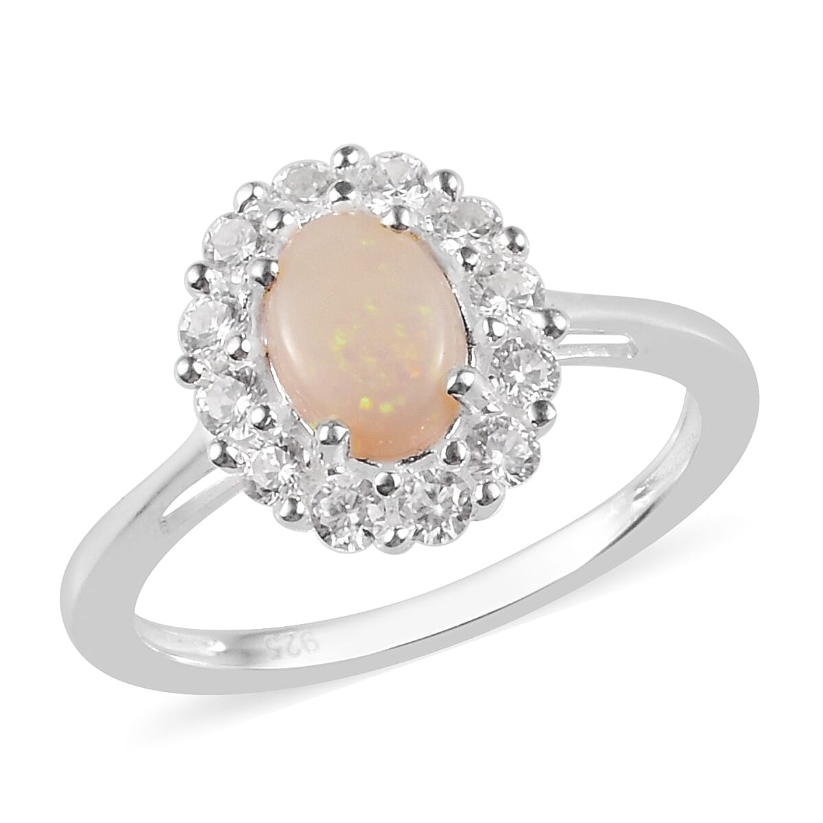 Natural Australian Opal (Ovl 7x5mm), Natural Cambodian Zircon Ring in Sterling Silver 1.00 Ct.
