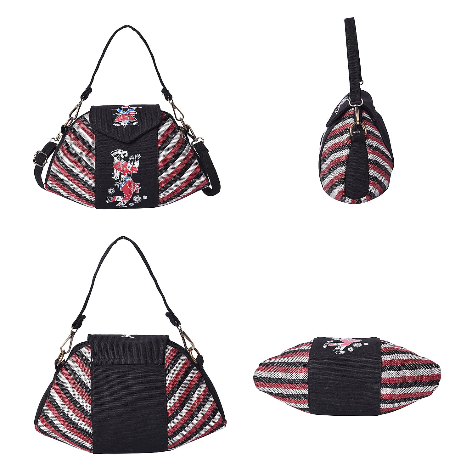 Ethnic Bag Collection - Classic Style Striped Tote Bag with Adjustable Shoulder Starp - Black and Multi
