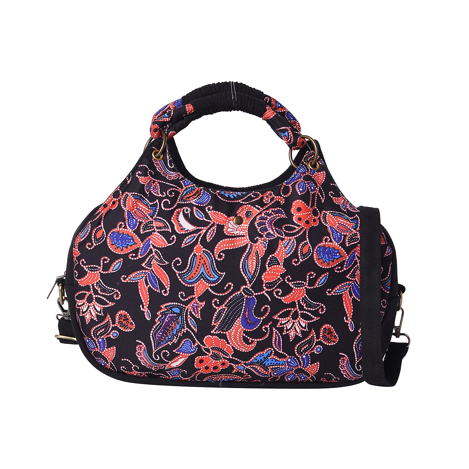 Hand-made Full Floral Embroidery Pattern Tote Bag (35x9x25cm) with Handle and Shoulder Strap - Black and Multi
