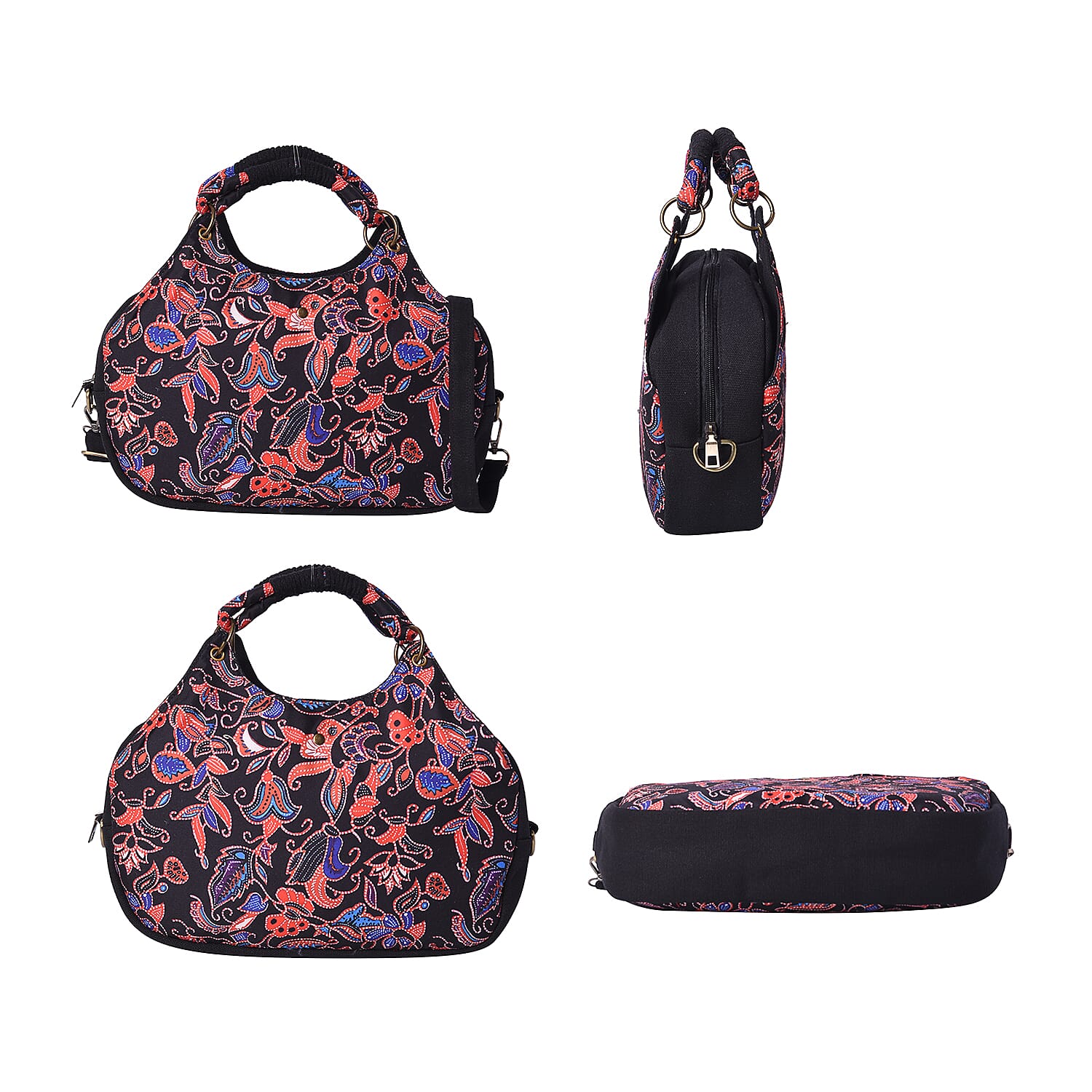 Hand-made Full Floral Embroidery Pattern Tote Bag (35x9x25cm) with Handle and Shoulder Strap - Black and Multi