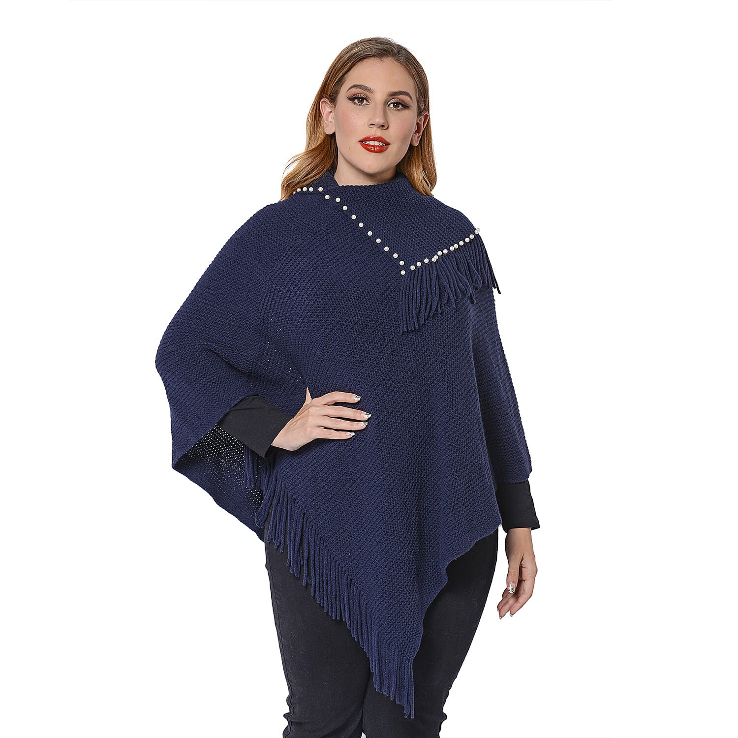Ladies Knitted Cape Neck Poncho with Beads and Tassels (Size 100x90 Cm) - Navy
