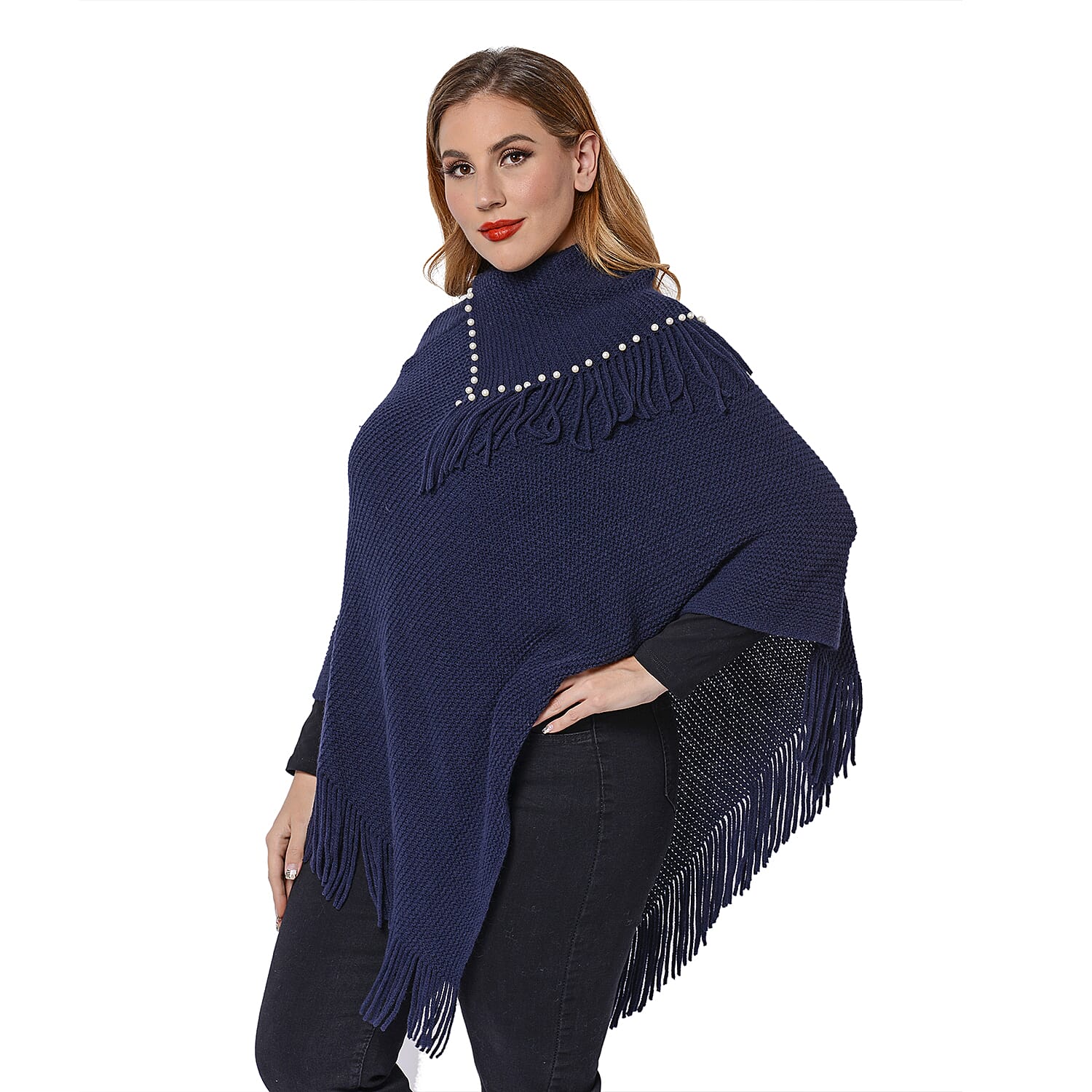 Ladies Knitted Cape Neck Poncho with Beads and Tassels (Size 100x90 Cm) - Navy