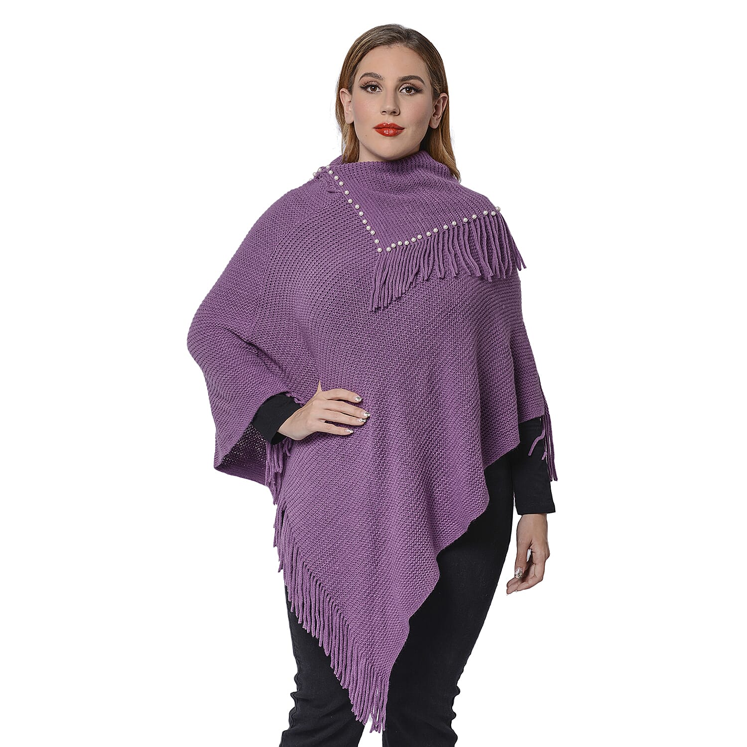 Ladies Knitted Cape Neck Poncho with Beads and Tassels (Size 100x90 Cm) - Purple