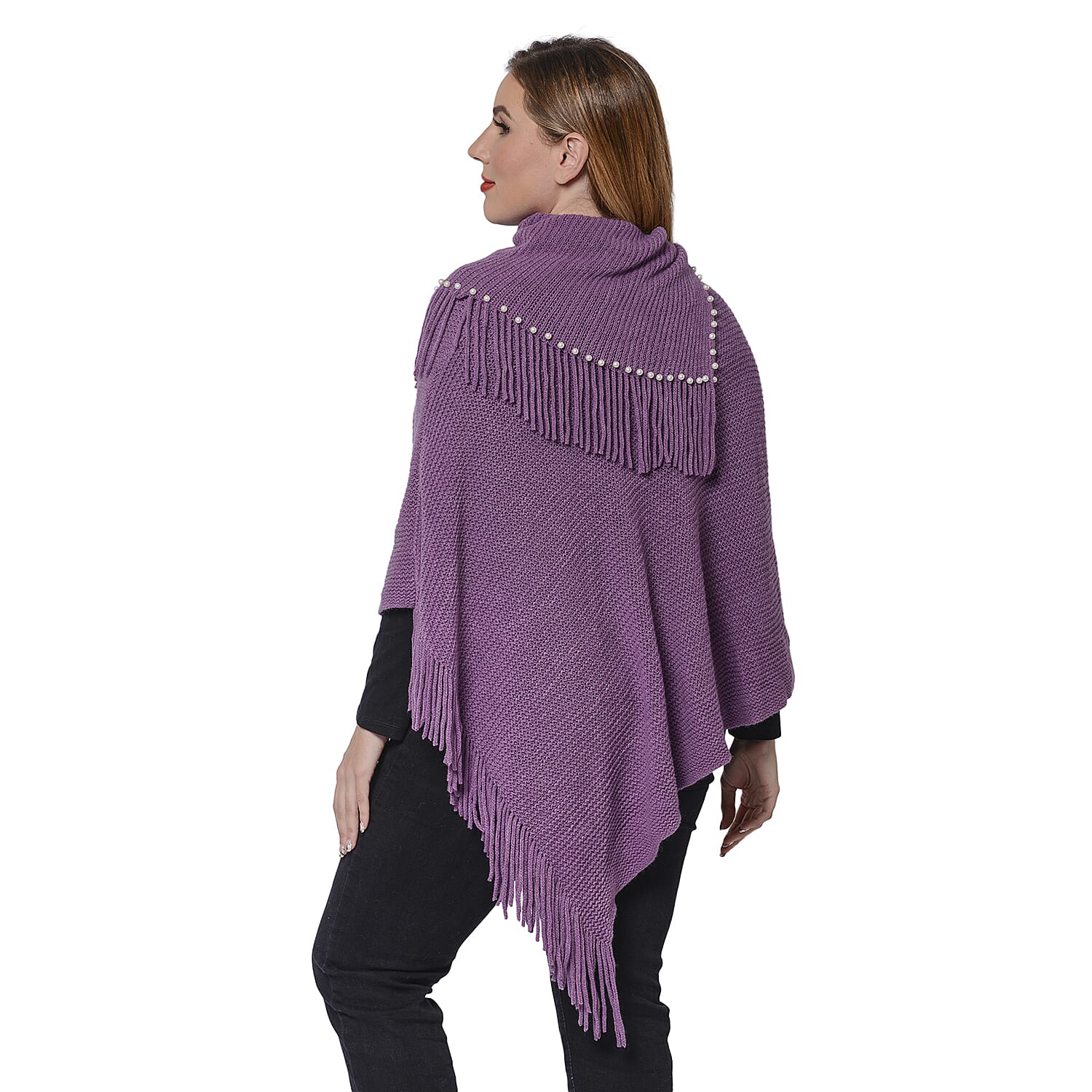 Ladies Knitted Cape Neck Poncho with Beads and Tassels (Size 100x90 Cm) - Purple