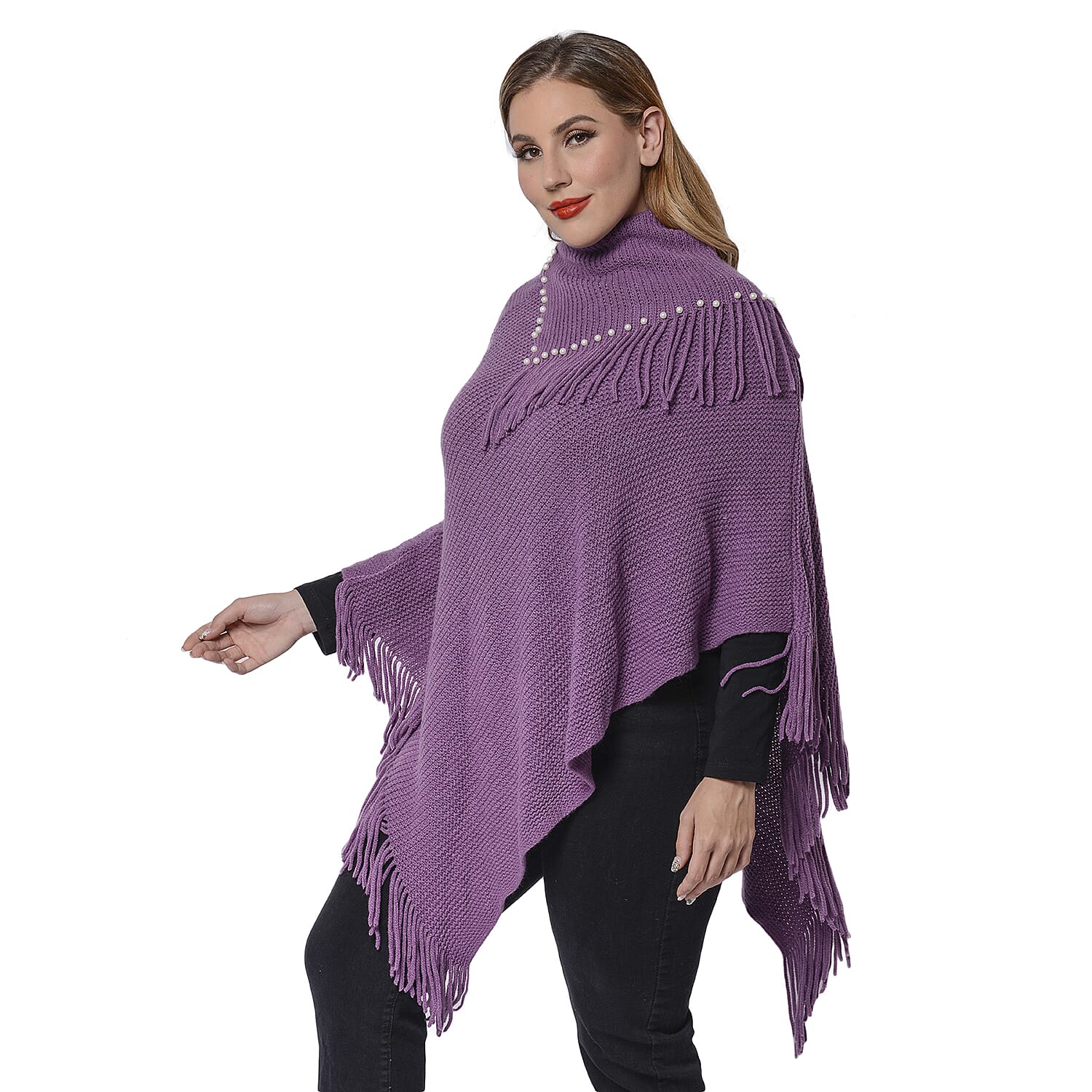 Ladies Knitted Cape Neck Poncho with Beads and Tassels (Size 100x90 Cm) - Purple