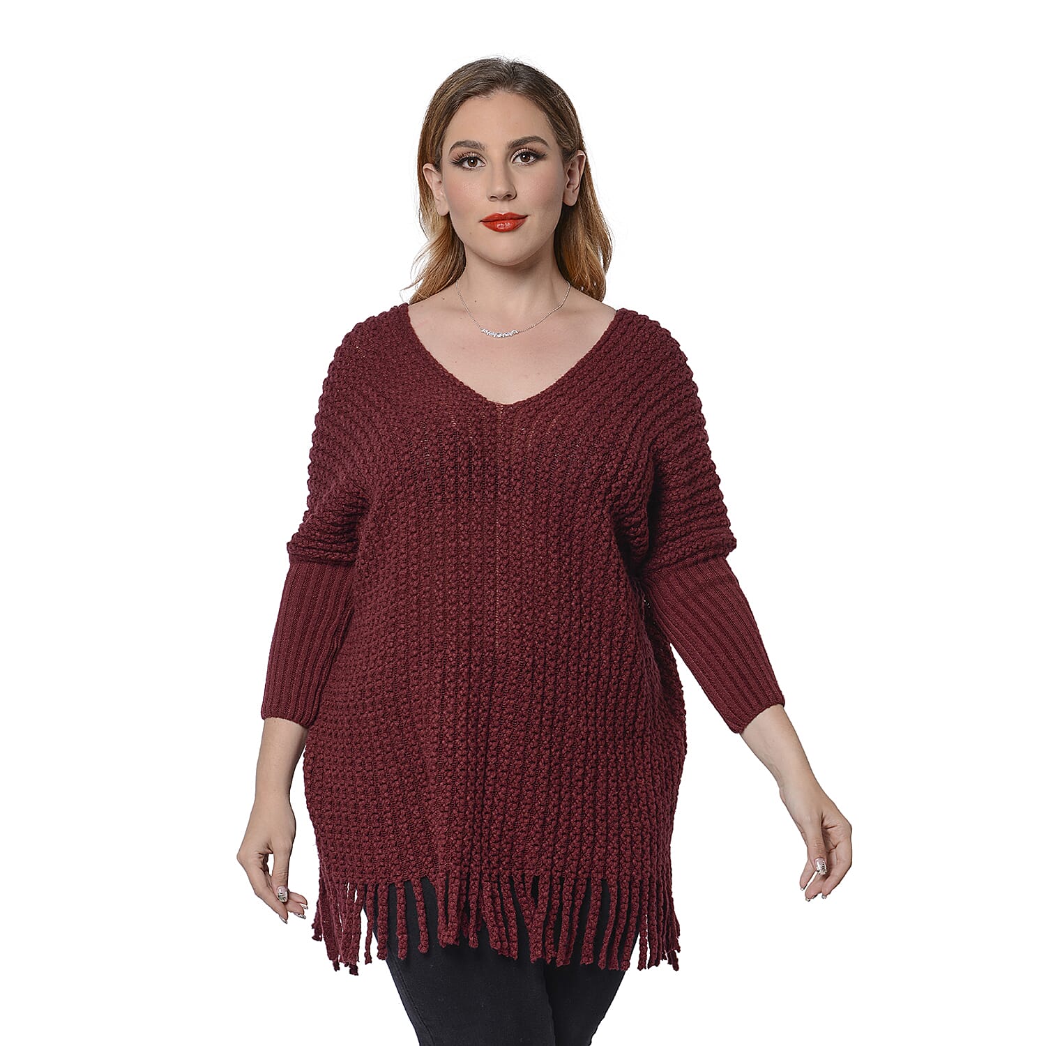Dolman Long Sleeves Cable Knitted Sweater with Fringes (Size 71x58+13cm) - Dark Red