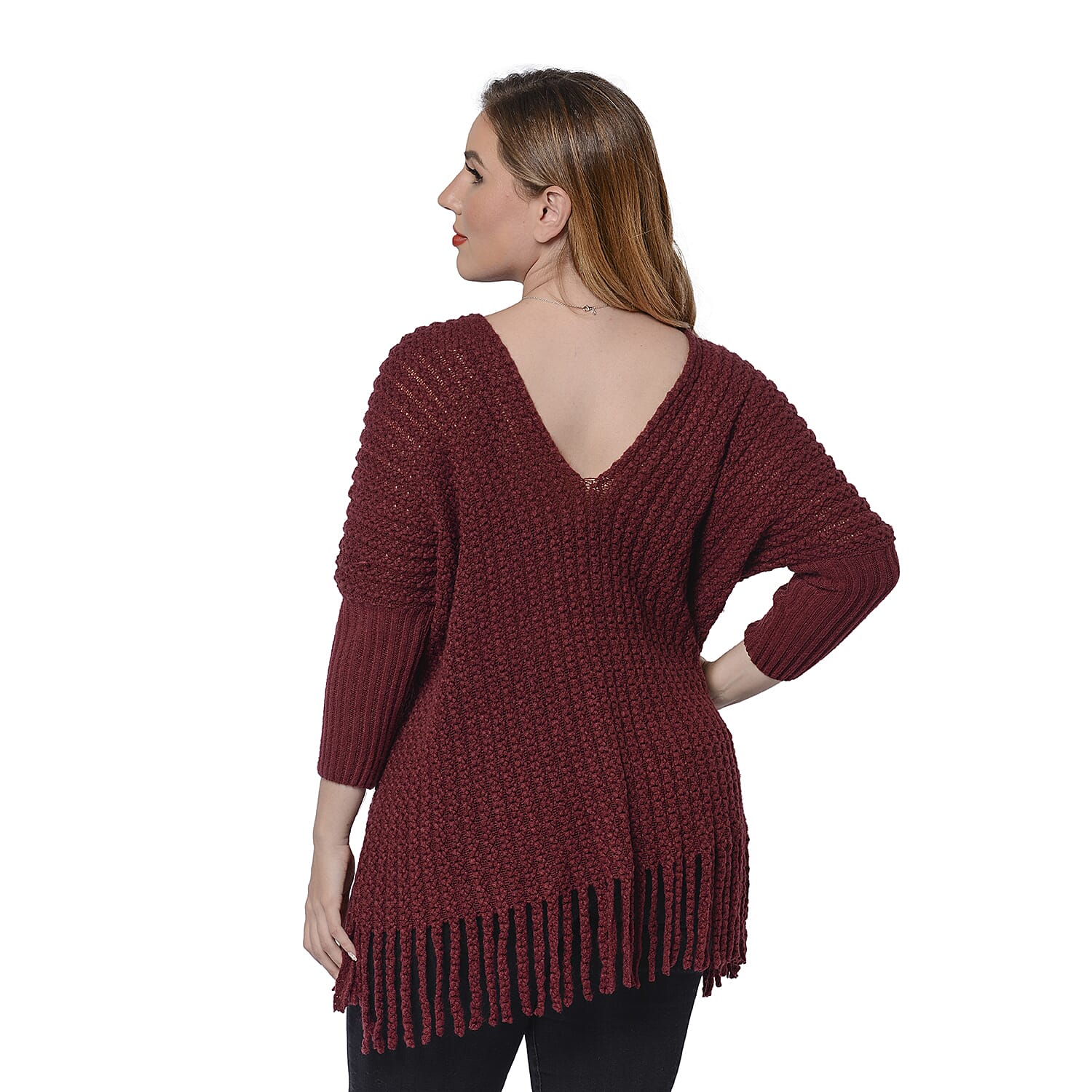 Dolman Long Sleeves Cable Knitted Sweater with Fringes (Size 71x58+13cm) - Dark Red