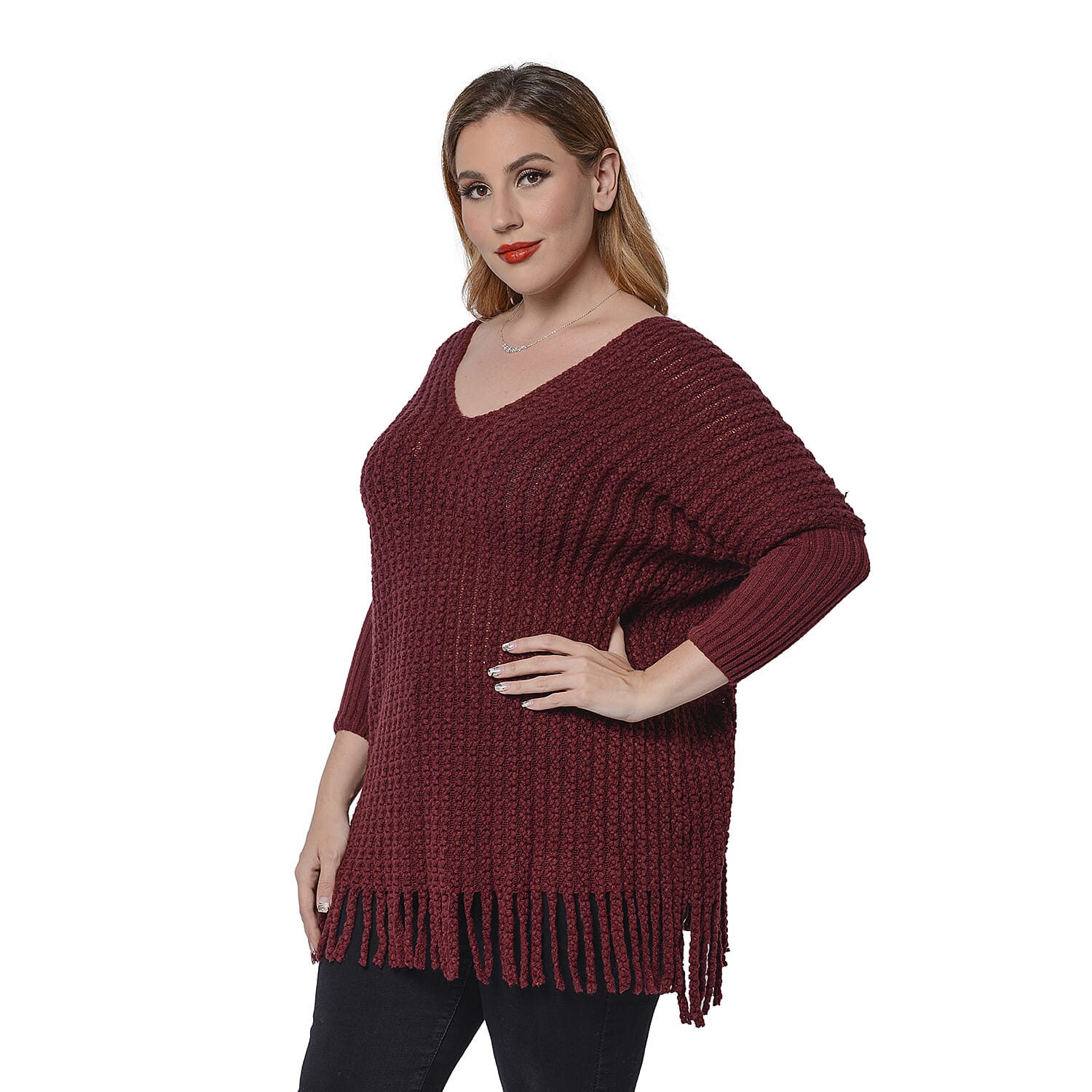 Dolman Long Sleeves Cable Knitted Sweater with Fringes (Size 71x58+13cm) - Dark Red