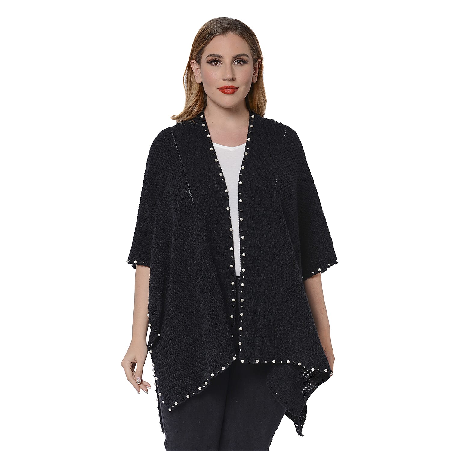 Solid Black Colour Ruana Shawl with Pearl Trim (One size fits all; 98x80cm)