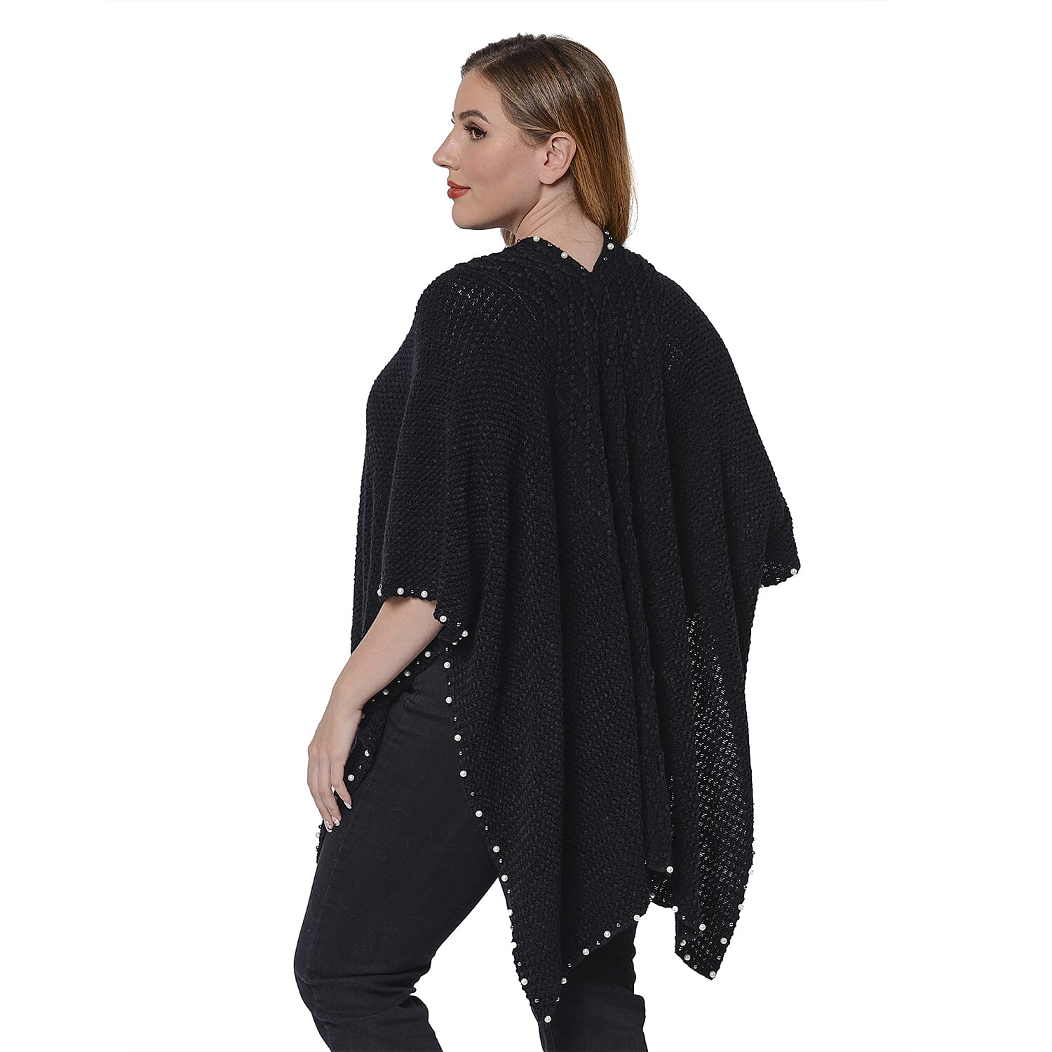 Solid Black Colour Ruana Shawl with Pearl Trim (One size fits all; 98x80cm)