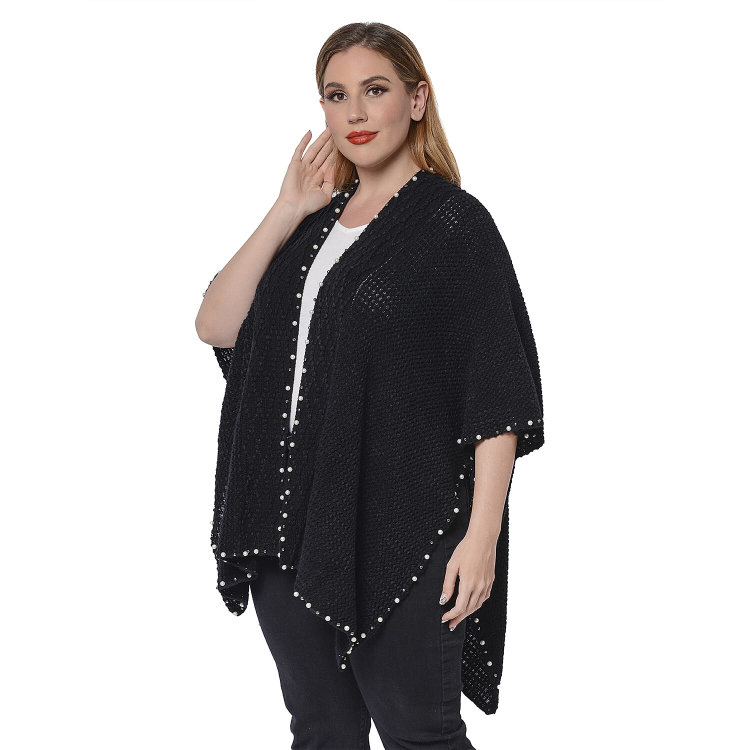 Solid Black Colour Ruana Shawl with Pearl Trim (One size fits all; 98x80cm)