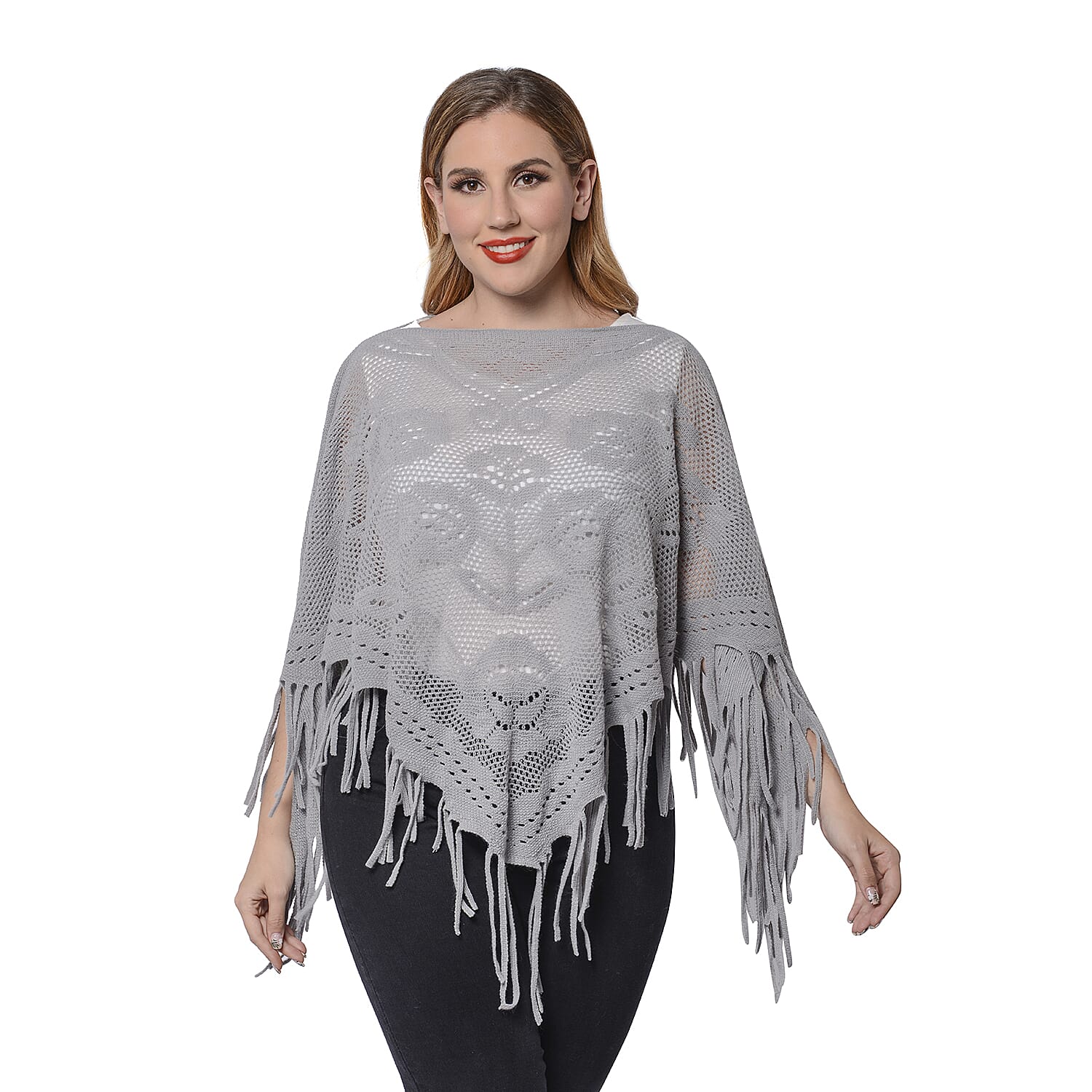 Spring Collection - Rose Pattern Hollow Out Poncho with Fringe Hem in Grey (Free Size; Length 50Cm)