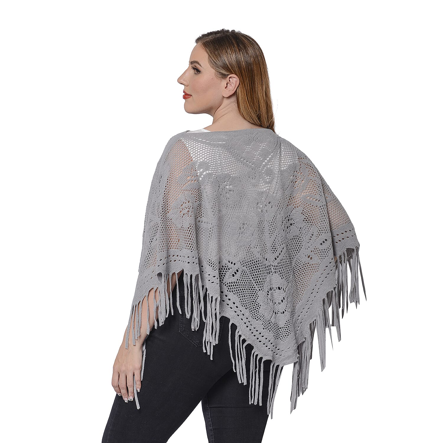 Spring Collection - Rose Pattern Hollow Out Poncho with Fringe Hem in Grey (Free Size; Length 50Cm)