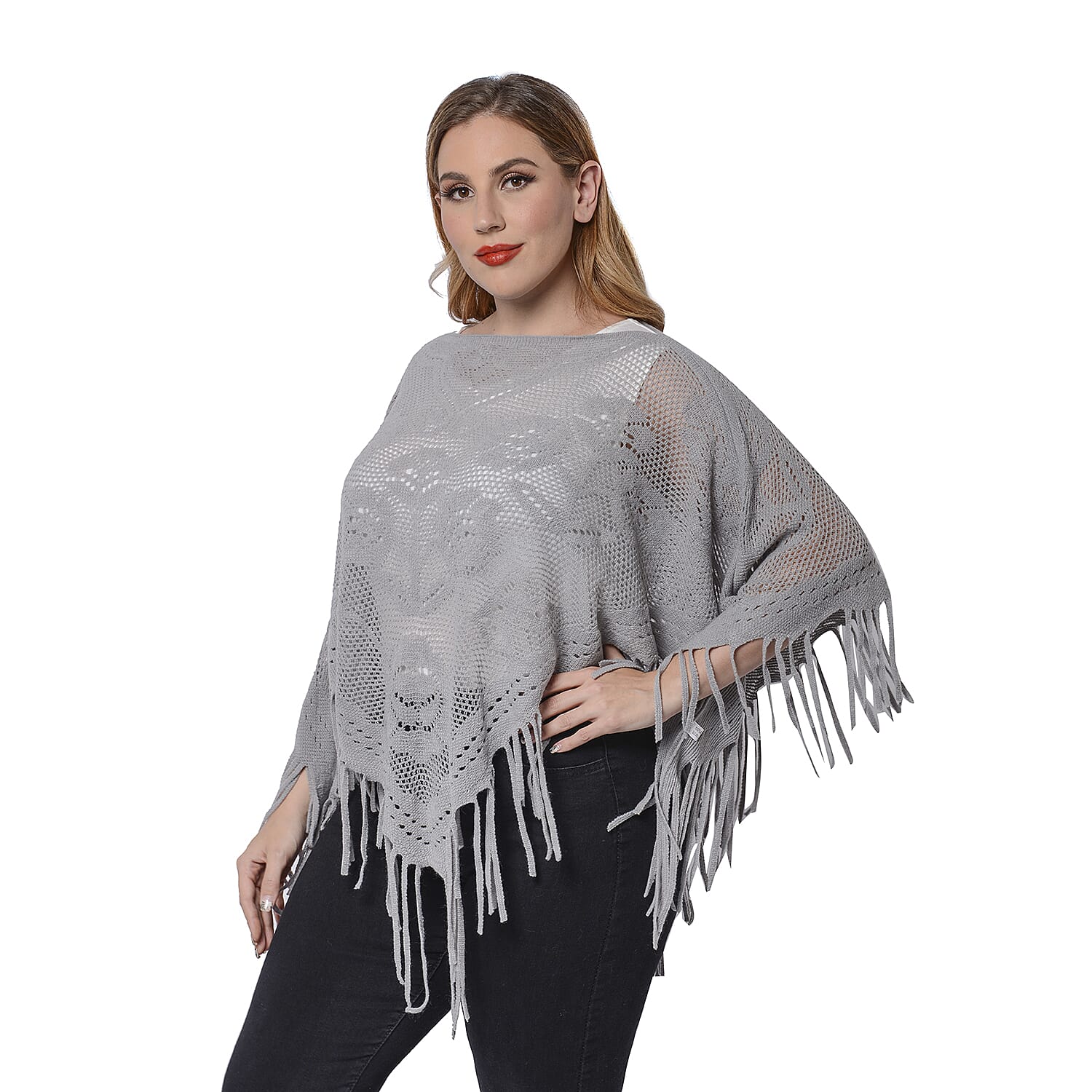 Spring Collection - Rose Pattern Hollow Out Poncho with Fringe Hem in Grey (Free Size; Length 50Cm)
