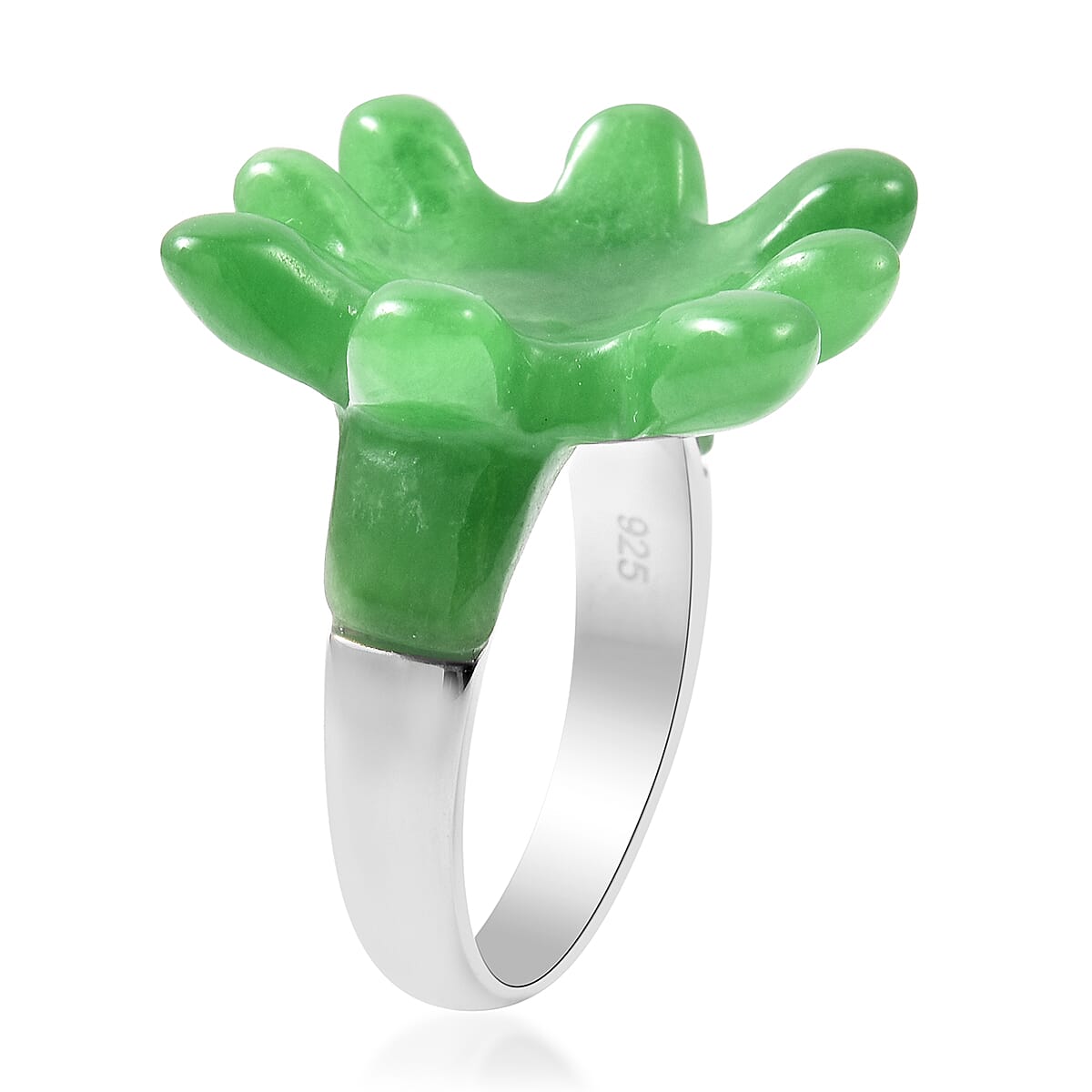 Green Jade Water Splash Ring in Rhodium Overlay Sterling Silver 24.750  Ct.