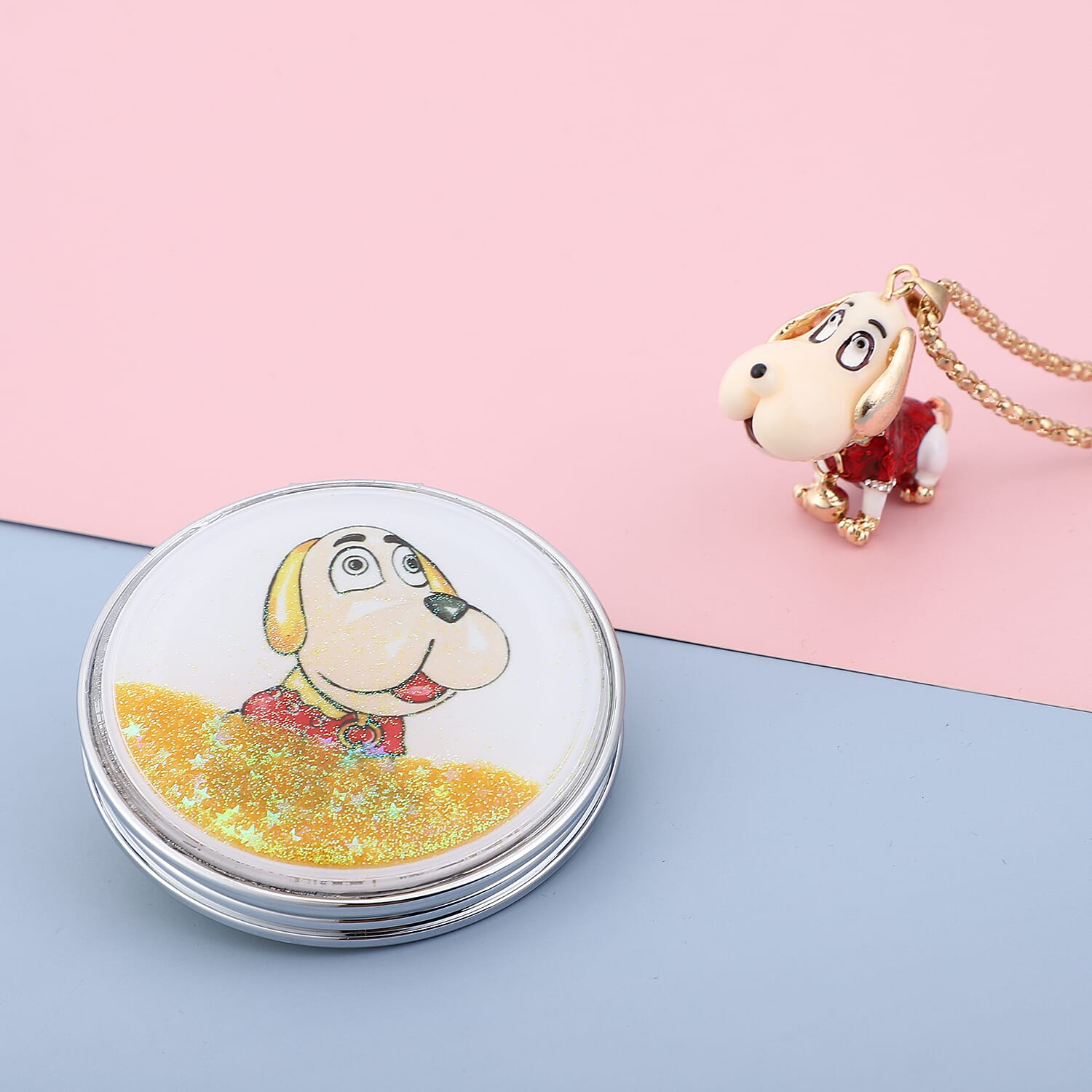 Set of 2 White Austrian Crystal Dog Enamelled Necklace (Size 28 with 2 inch Extender) and Mirror in Yellow Gold Tone