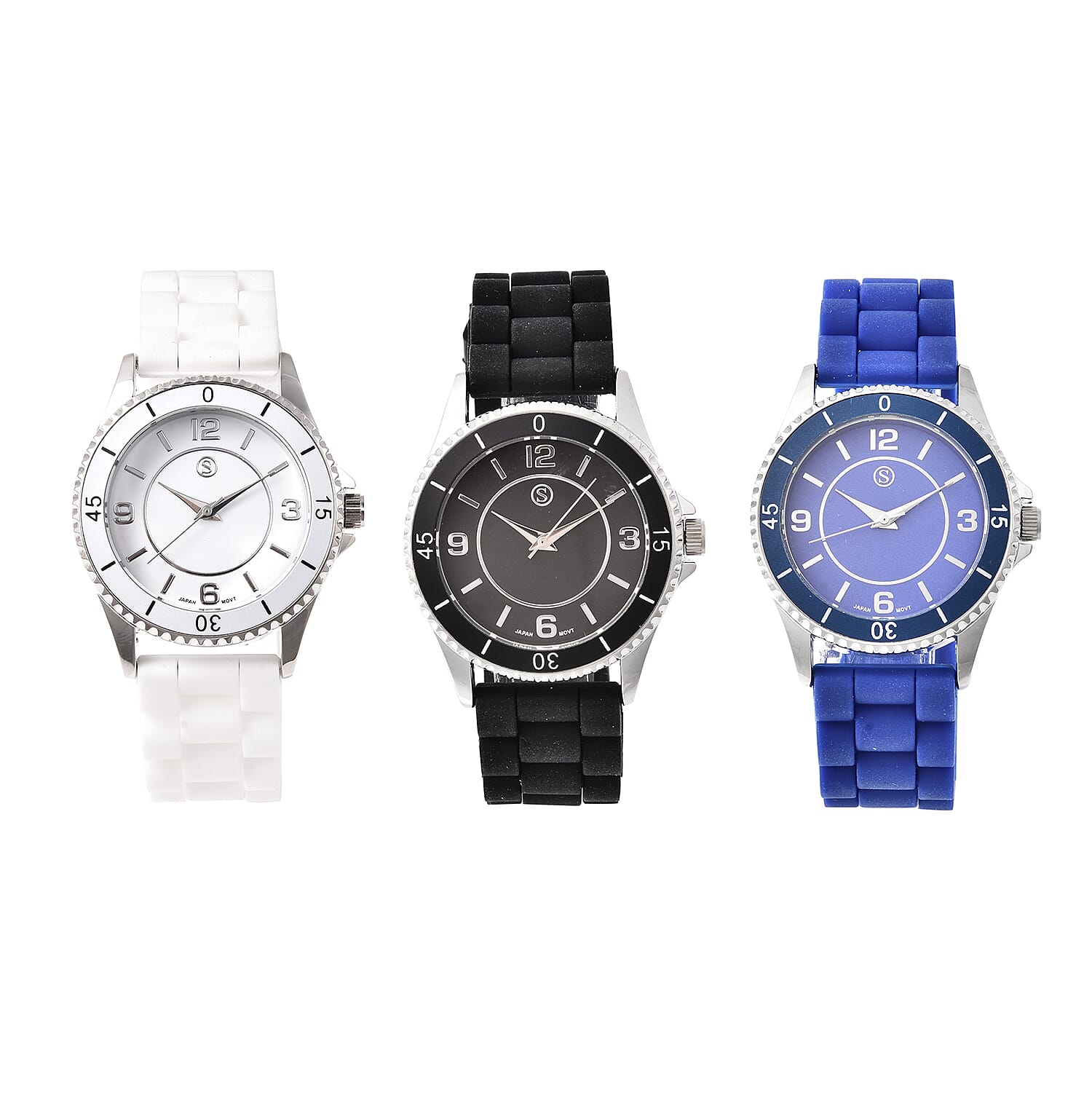 Set of 3 - STRADA Japanese Movement Watches - White, Black and Blue