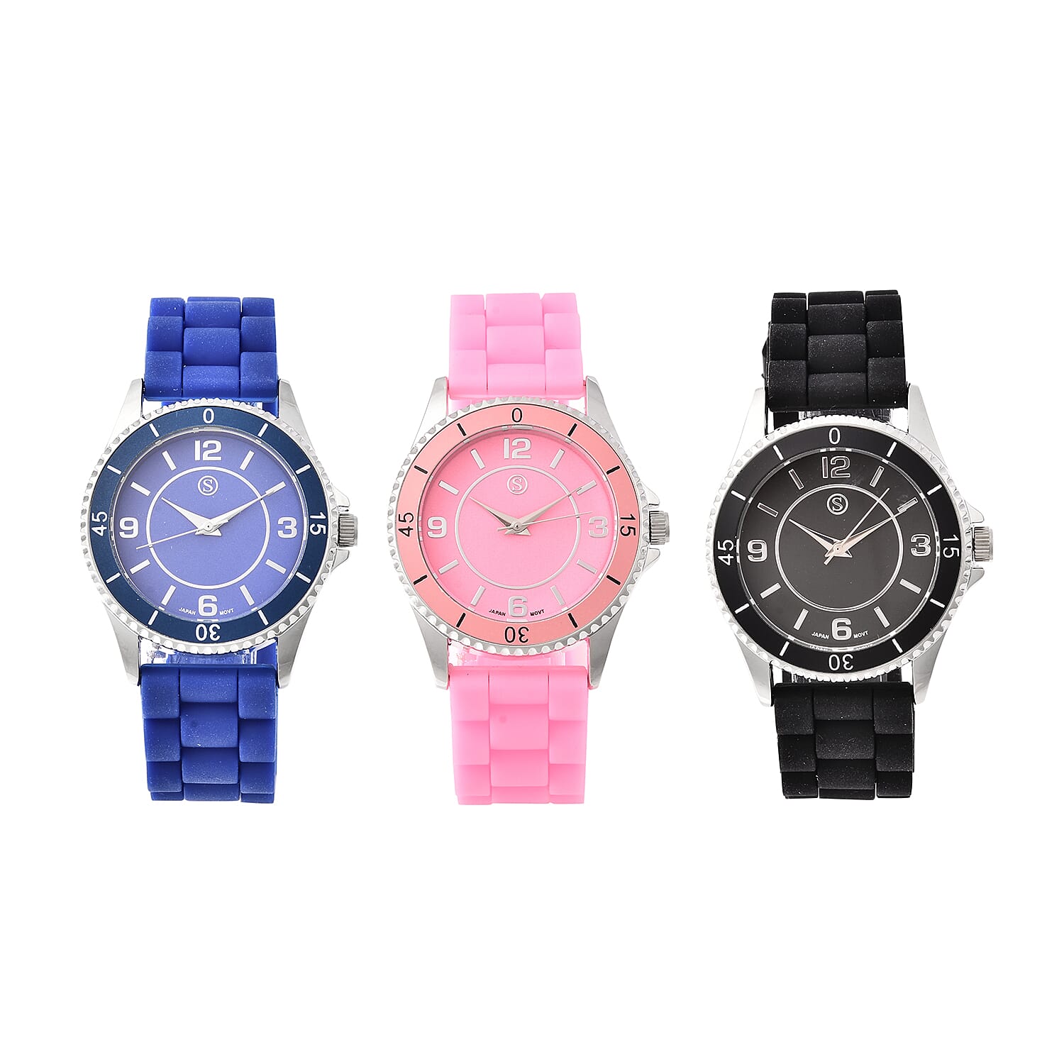 Set of 3 - STRADA Japanese Movement Watches - Blue, Pink and  Black