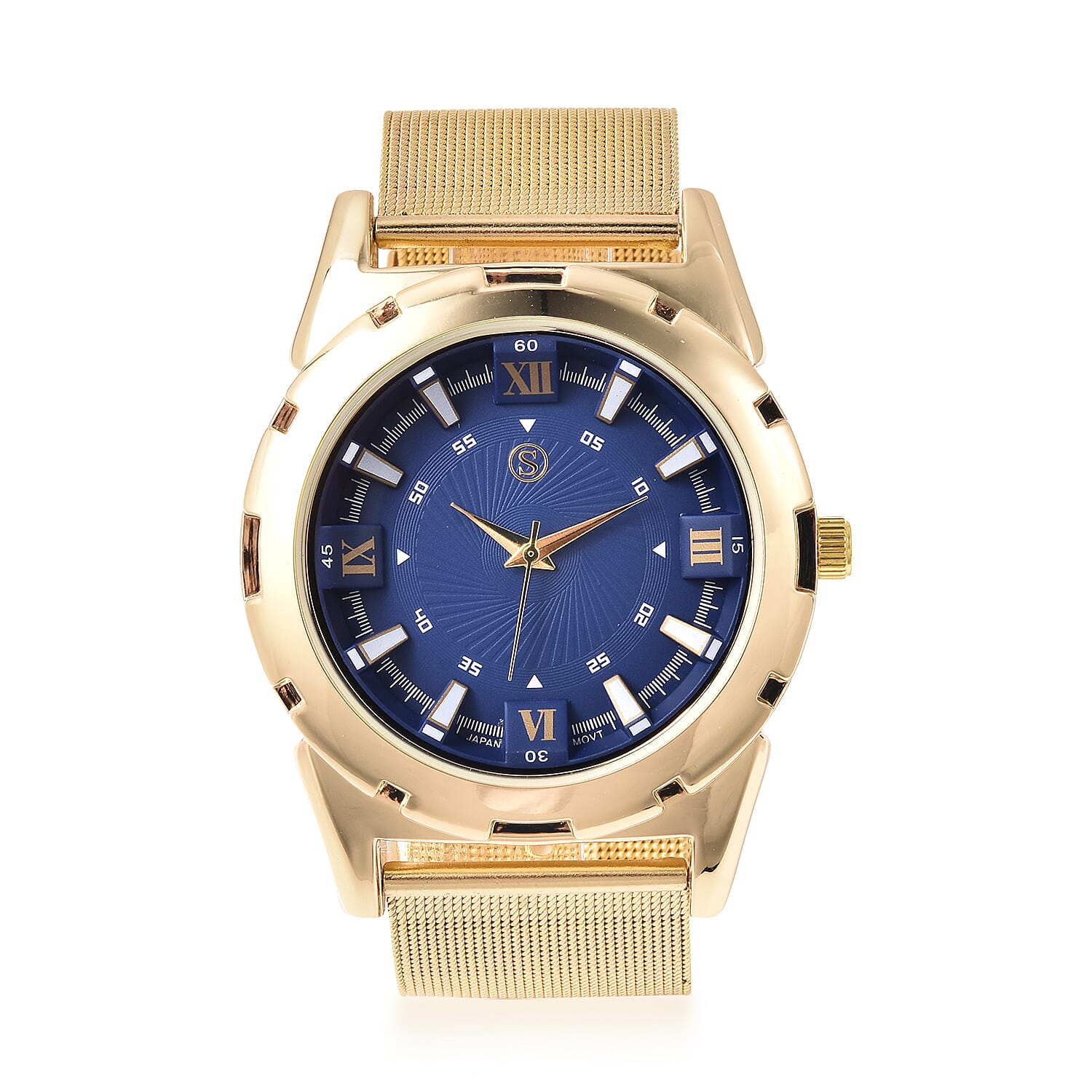 STRADA Japanese Movement Navy Blue Dial Water Resistant Watch with Yellow Gold Tone Mesh Style Strap in Stainless Steel