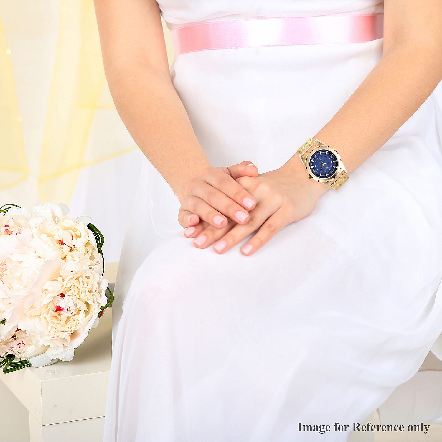 STRADA Japanese Movement Navy Blue Dial Water Resistant Watch with Yellow Gold Tone Mesh Style Strap in Stainless Steel