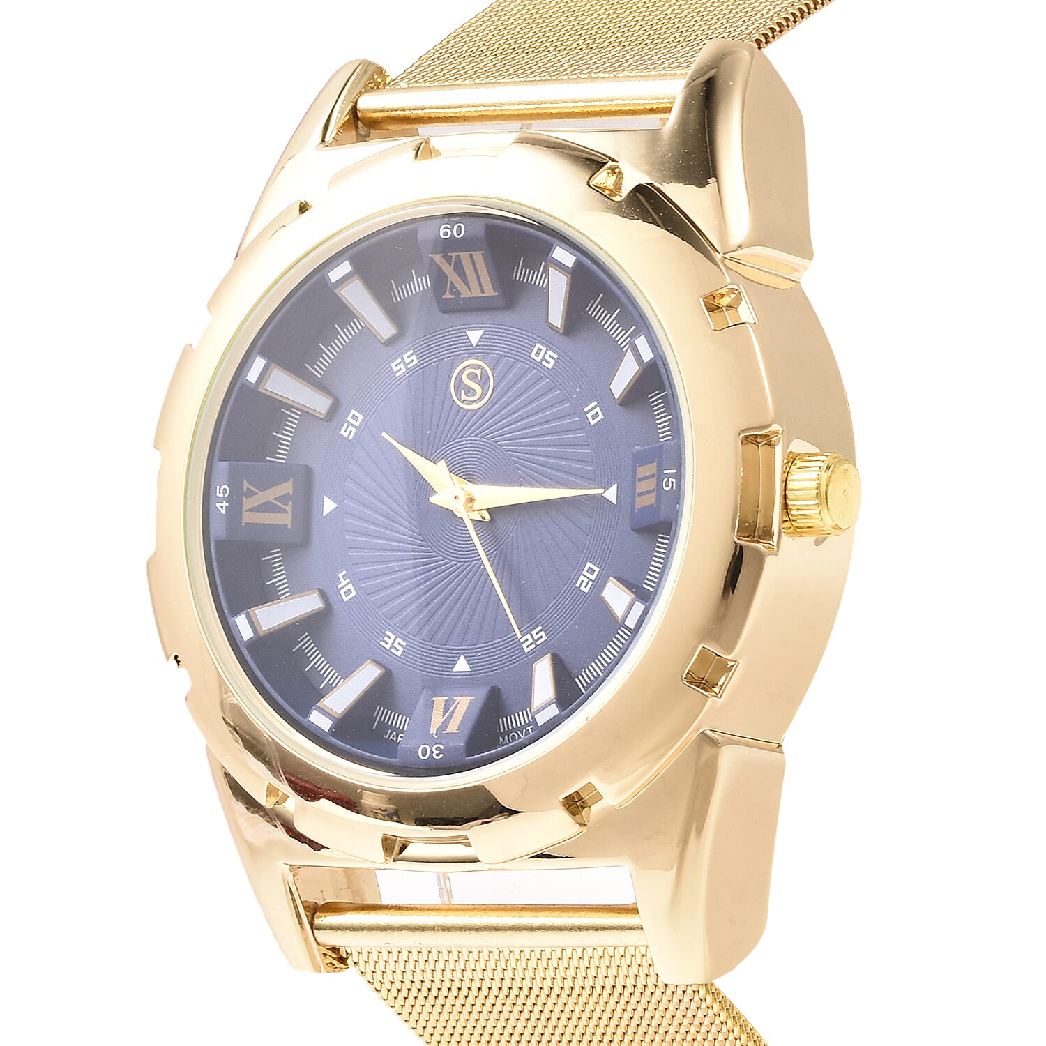 STRADA Japanese Movement Navy Blue Dial Water Resistant Watch with Yellow Gold Tone Mesh Style Strap in Stainless Steel