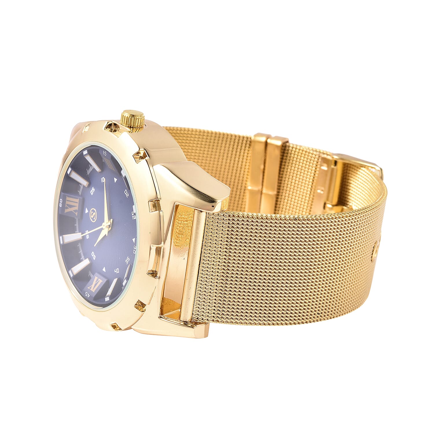 STRADA Japanese Movement Navy Blue Dial Water Resistant Watch with Yellow Gold Tone Mesh Style Strap in Stainless Steel