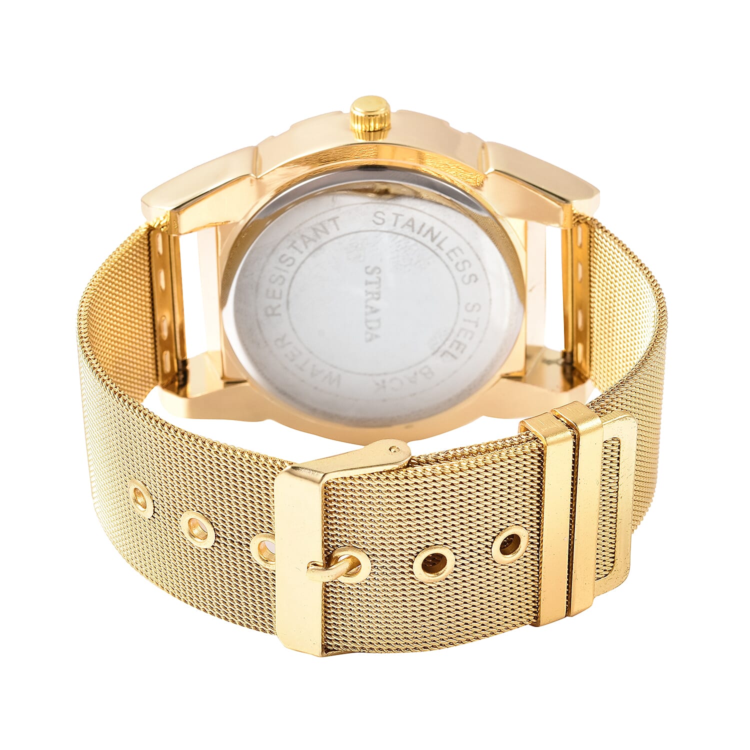 STRADA Japanese Movement Navy Blue Dial Water Resistant Watch with Yellow Gold Tone Mesh Style Strap in Stainless Steel