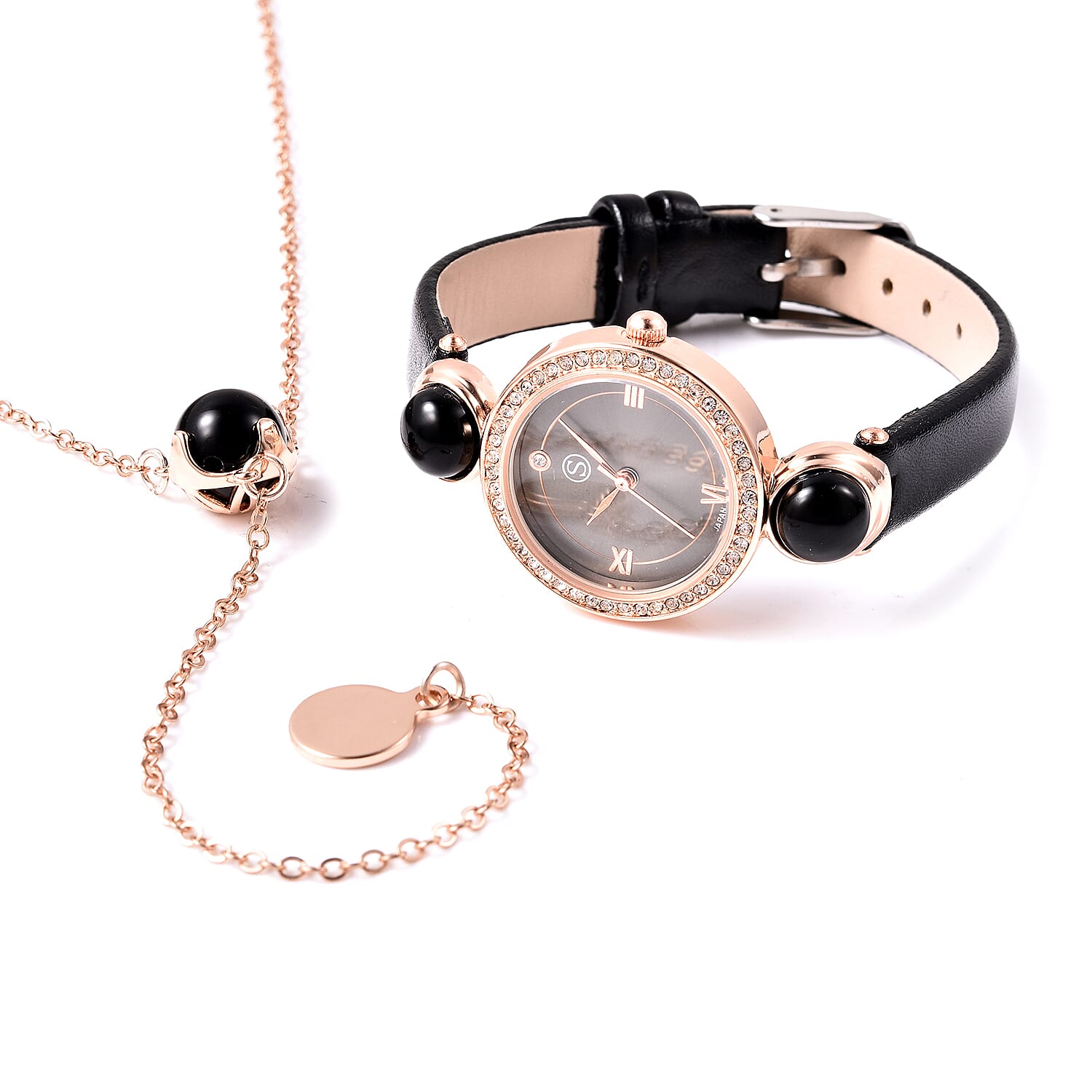 2 Piece Set - STRADA Japanese Movement Black Onyx and White Austrian Crystal Studded Water Resistant Watch with Black Strap and Pendant with Chain (Size 28) in Rose Gold Tone 16.00 Ct.