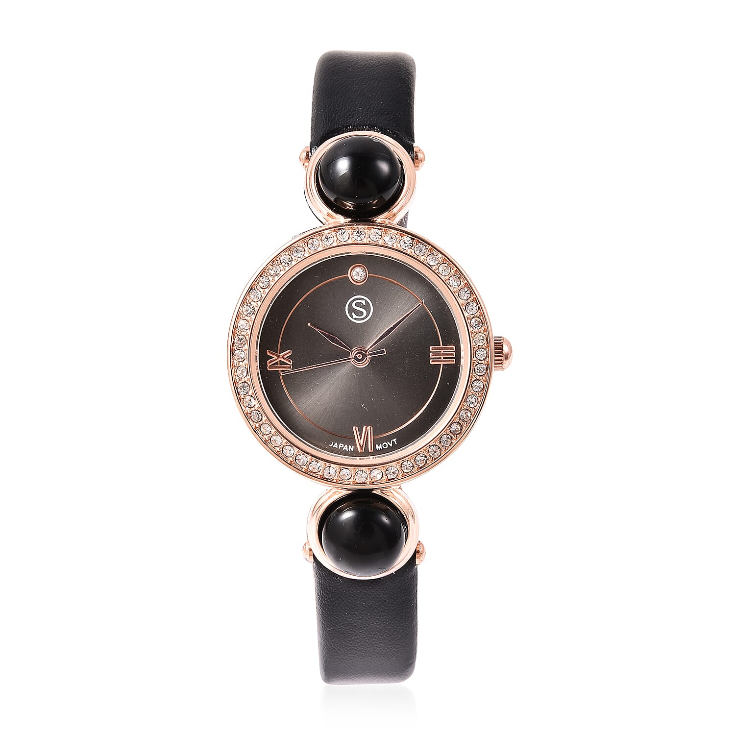 2 Piece Set - STRADA Japanese Movement Black Onyx and White Austrian Crystal Studded Water Resistant Watch with Black Strap and Pendant with Chain (Size 28) in Rose Gold Tone 16.00 Ct.