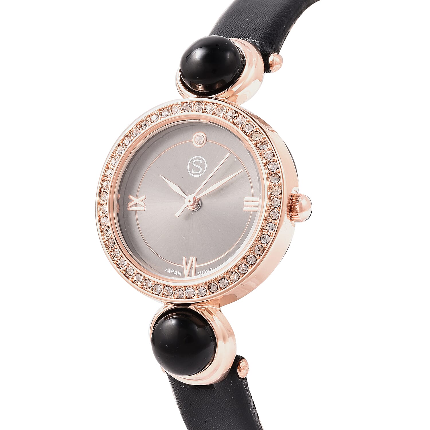 2 Piece Set - STRADA Japanese Movement Black Onyx and White Austrian Crystal Studded Water Resistant Watch with Black Strap and Pendant with Chain (Size 28) in Rose Gold Tone 16.00 Ct.