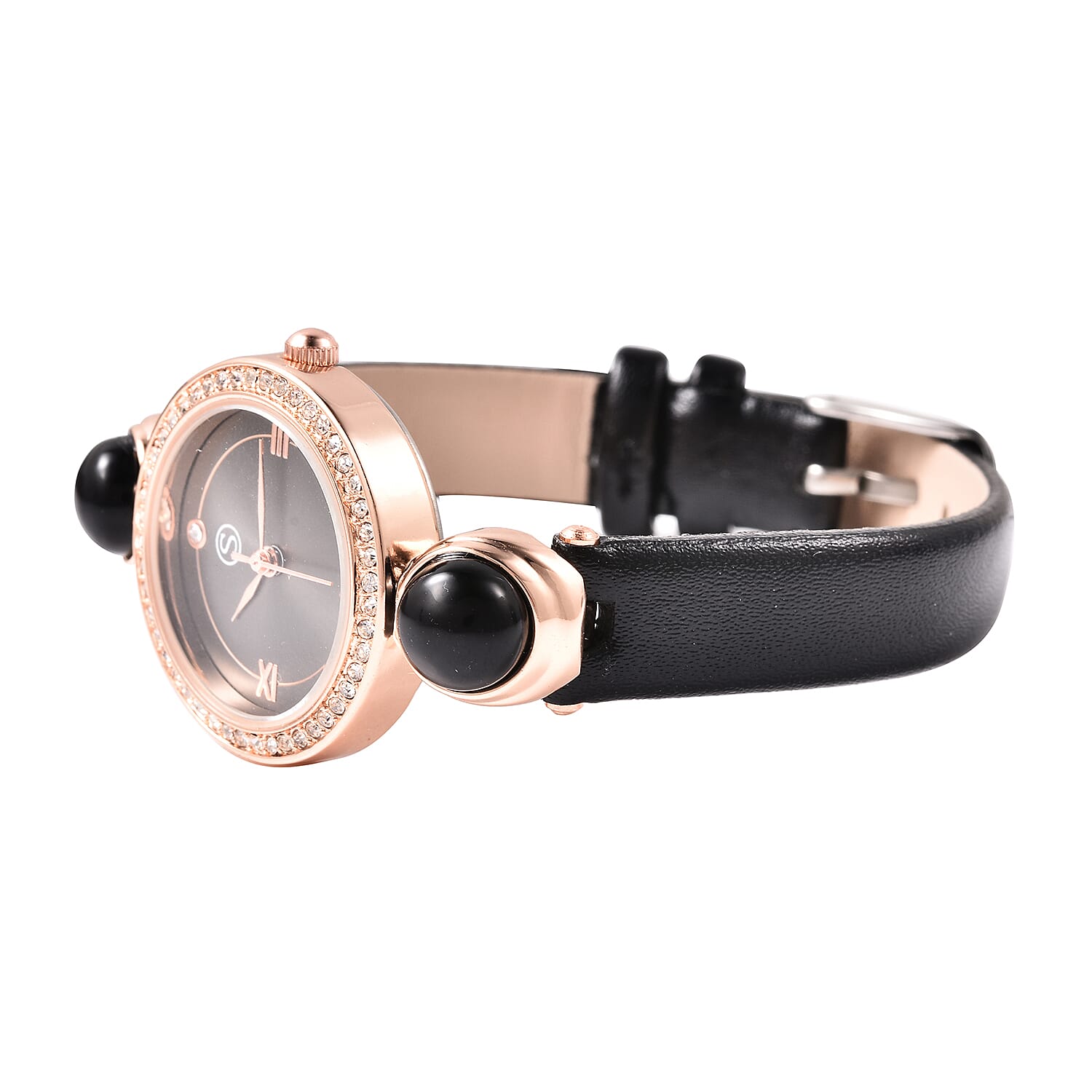 2 Piece Set - STRADA Japanese Movement Black Onyx and White Austrian Crystal Studded Water Resistant Watch with Black Strap and Pendant with Chain (Size 28) in Rose Gold Tone 16.00 Ct.