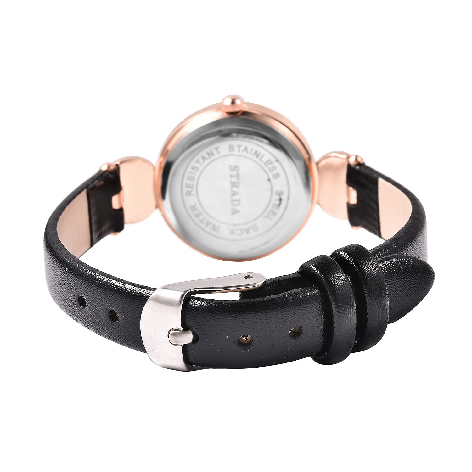 2 Piece Set - STRADA Japanese Movement Black Onyx and White Austrian Crystal Studded Water Resistant Watch with Black Strap and Pendant with Chain (Size 28) in Rose Gold Tone 16.00 Ct.
