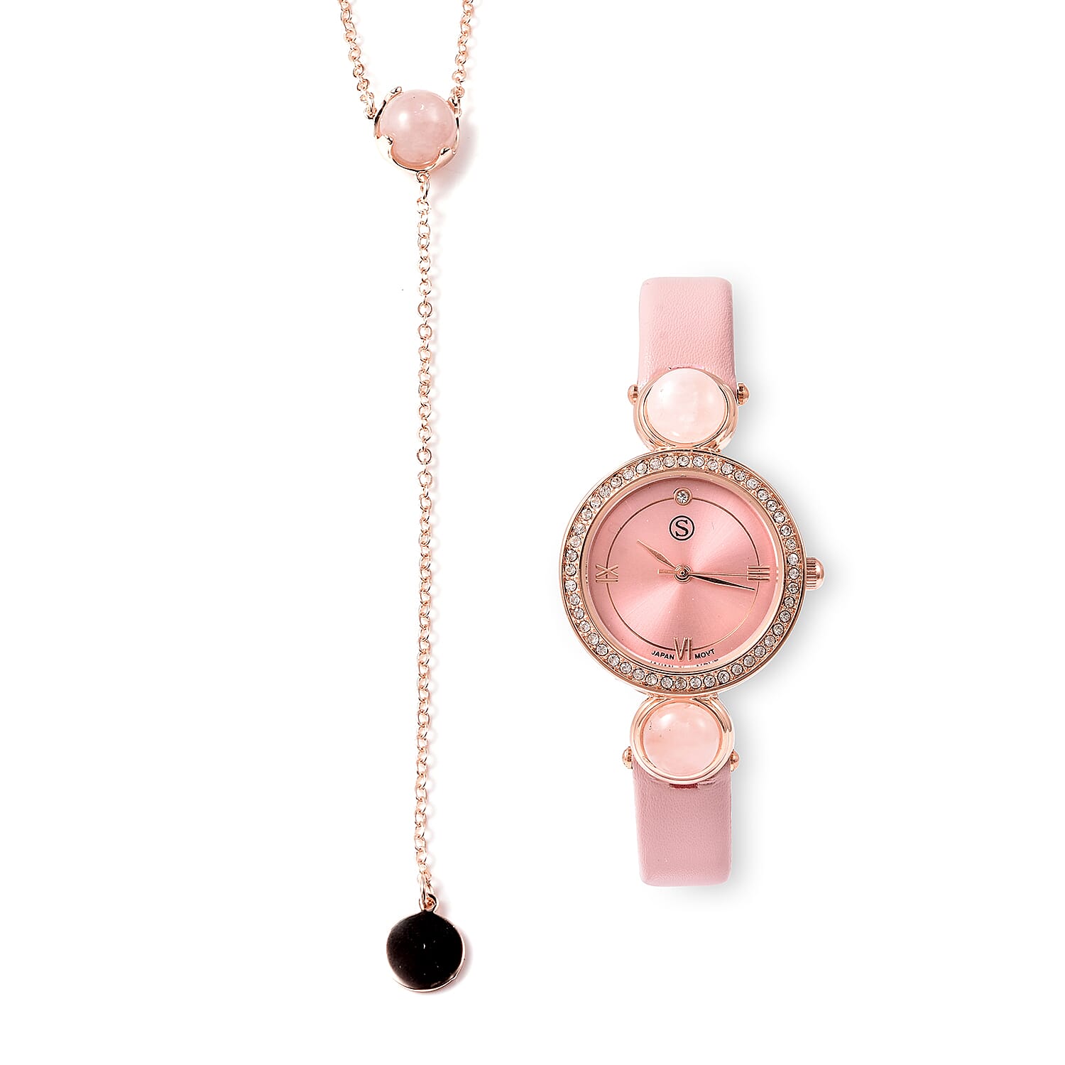 2 Piece Set - STRADA Japanese Movement Rose Quartz and White Austrian Crystal Studded Water Resistant Watch with Pink Strap and Pendant with Chain (Size 28) in Rose Gold Tone 16.00 Ct.