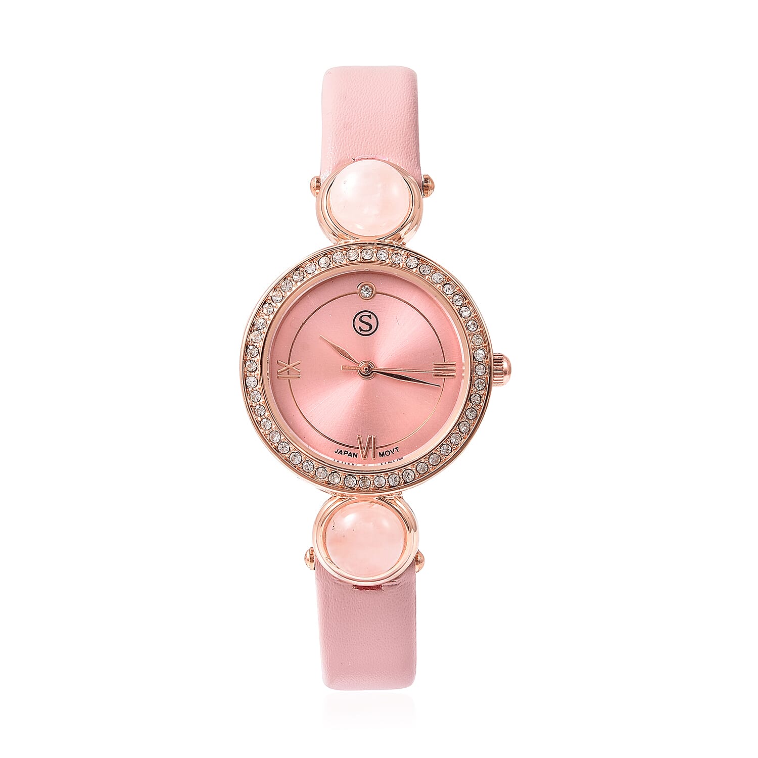2 Piece Set - STRADA Japanese Movement Rose Quartz and White Austrian Crystal Studded Water Resistant Watch with Pink Strap and Pendant with Chain (Size 28) in Rose Gold Tone 16.00 Ct.