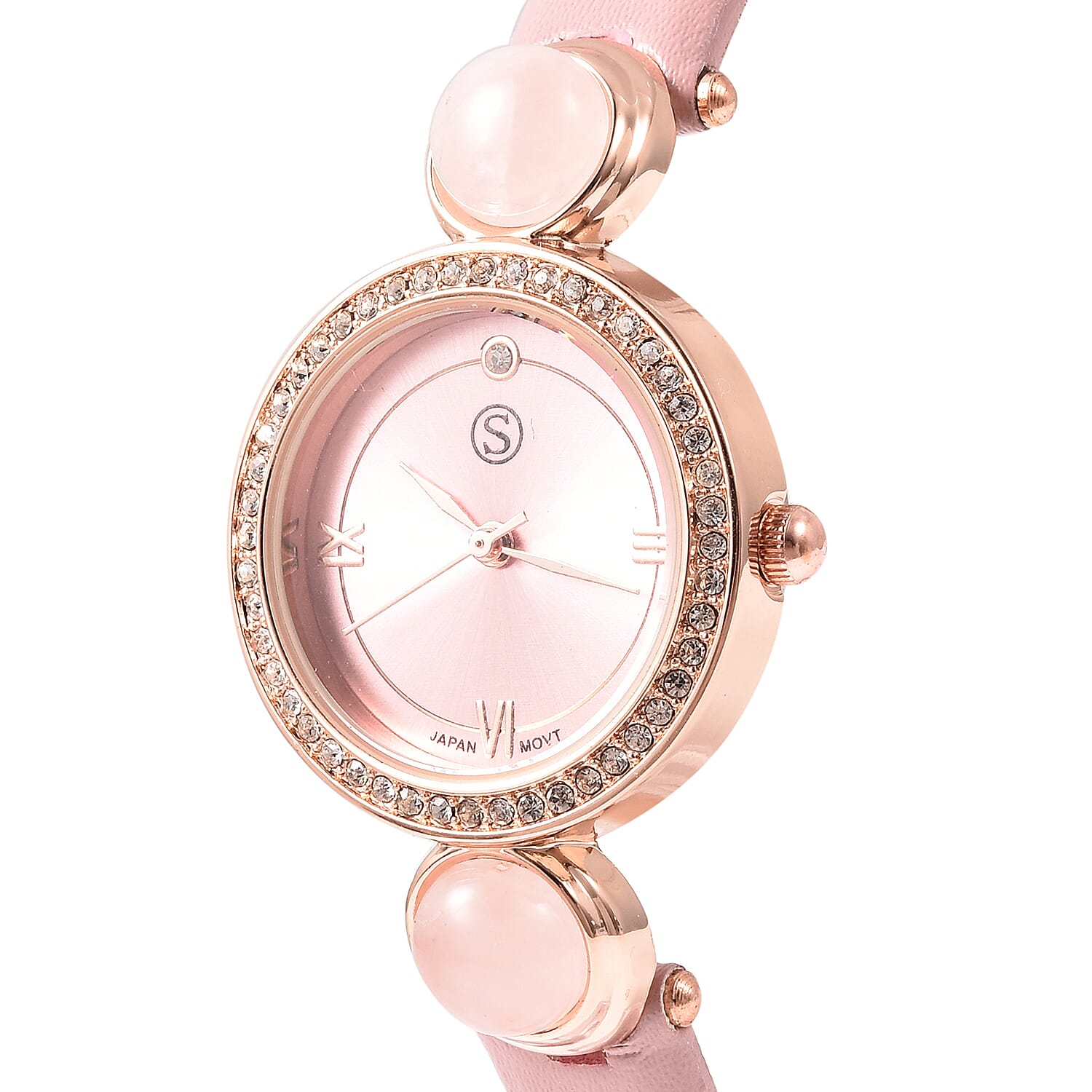 2 Piece Set - STRADA Japanese Movement Rose Quartz and White Austrian Crystal Studded Water Resistant Watch with Pink Strap and Pendant with Chain (Size 28) in Rose Gold Tone 16.00 Ct.