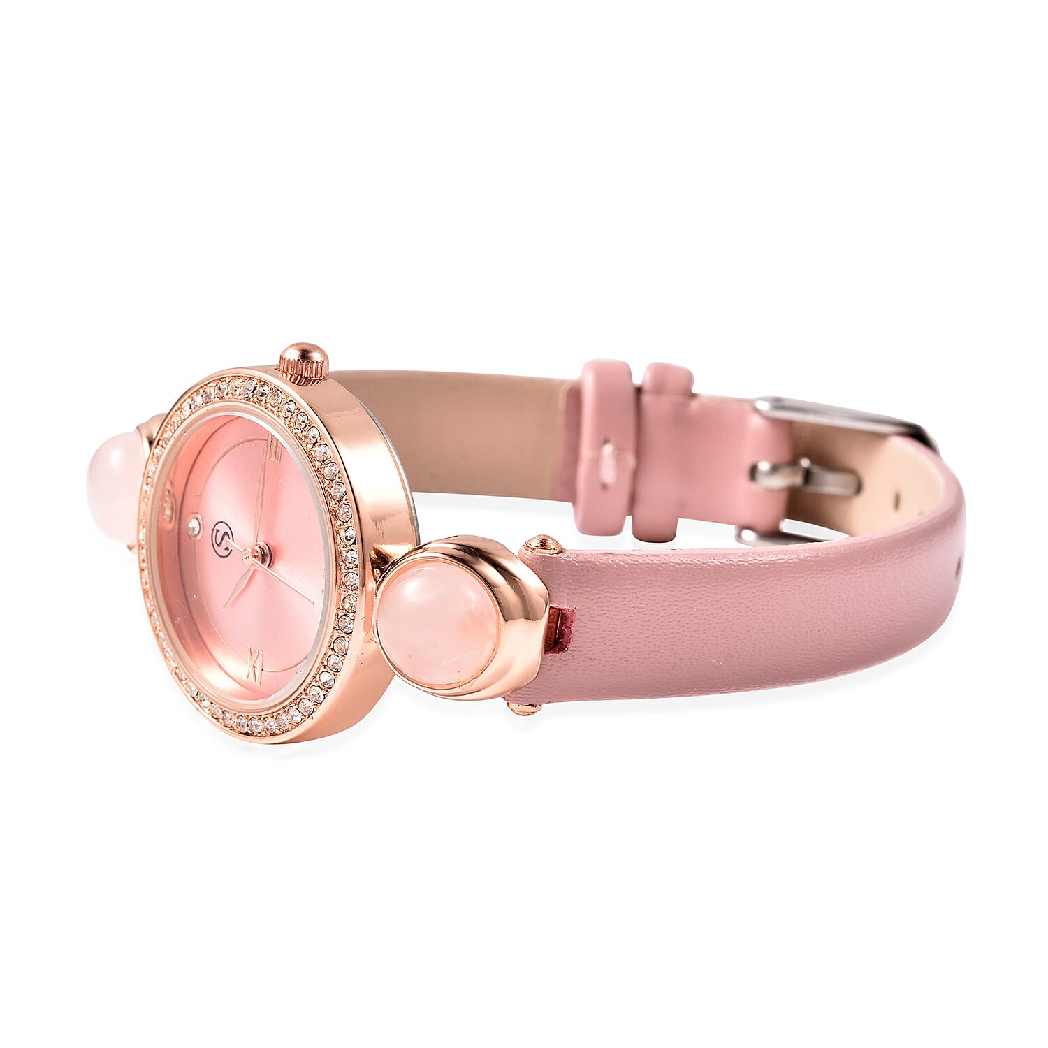 2 Piece Set - STRADA Japanese Movement Rose Quartz and White Austrian Crystal Studded Water Resistant Watch with Pink Strap and Pendant with Chain (Size 28) in Rose Gold Tone 16.00 Ct.