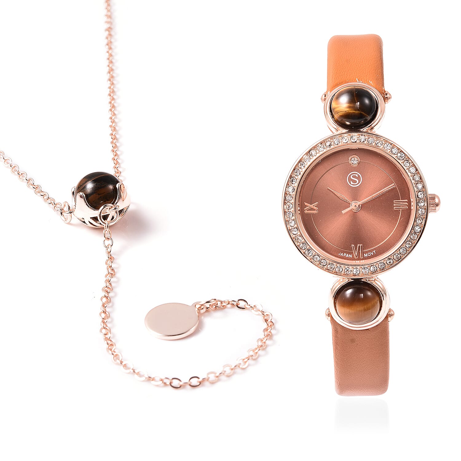 2 Piece Set - STRADA Japanese Movement Yellow Tiger Eye and Austrian Crystal Studded Water Resistant Watch with Coffee Strap and Pendant with Chain (Size 28) in Rose Gold Tone 16.00 Ct.