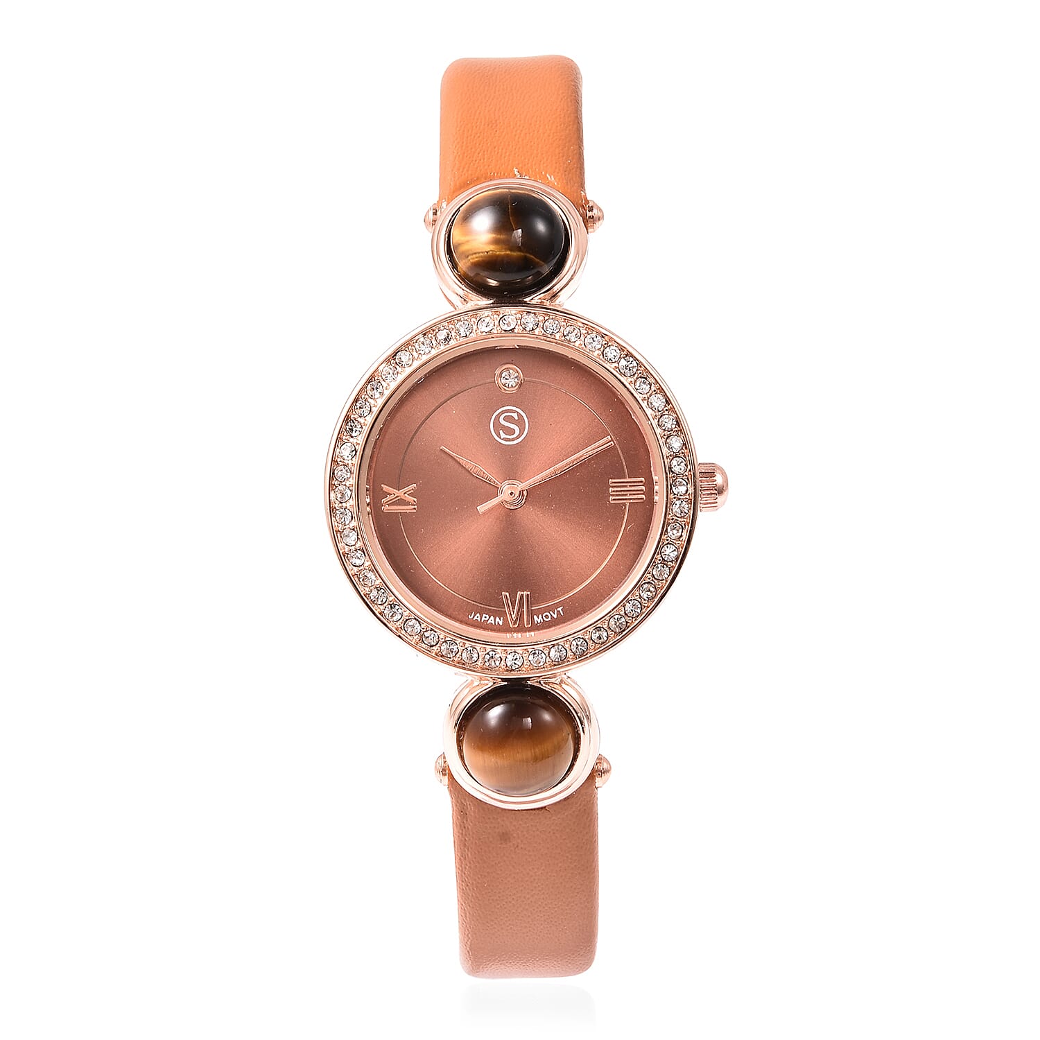 2 Piece Set - STRADA Japanese Movement Yellow Tiger Eye and Austrian Crystal Studded Water Resistant Watch with Coffee Strap and Pendant with Chain (Size 28) in Rose Gold Tone 16.00 Ct.