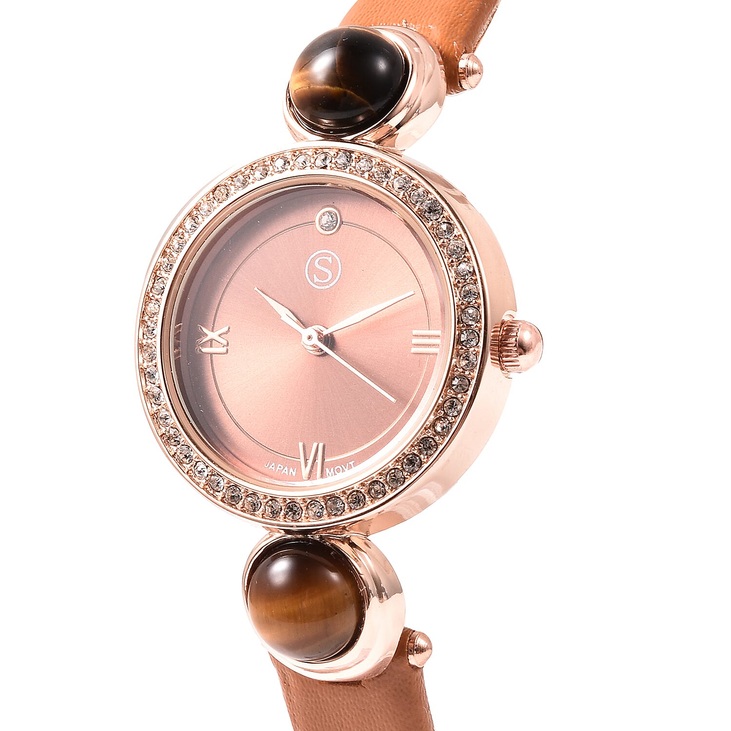 2 Piece Set - STRADA Japanese Movement Yellow Tiger Eye and Austrian Crystal Studded Water Resistant Watch with Coffee Strap and Pendant with Chain (Size 28) in Rose Gold Tone 16.00 Ct.