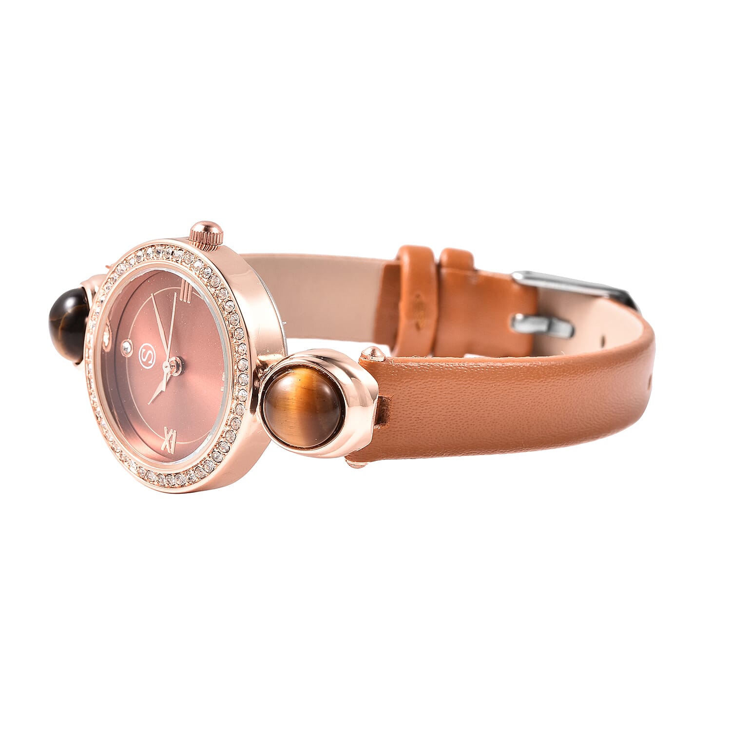 2 Piece Set - STRADA Japanese Movement Yellow Tiger Eye and Austrian Crystal Studded Water Resistant Watch with Coffee Strap and Pendant with Chain (Size 28) in Rose Gold Tone 16.00 Ct.