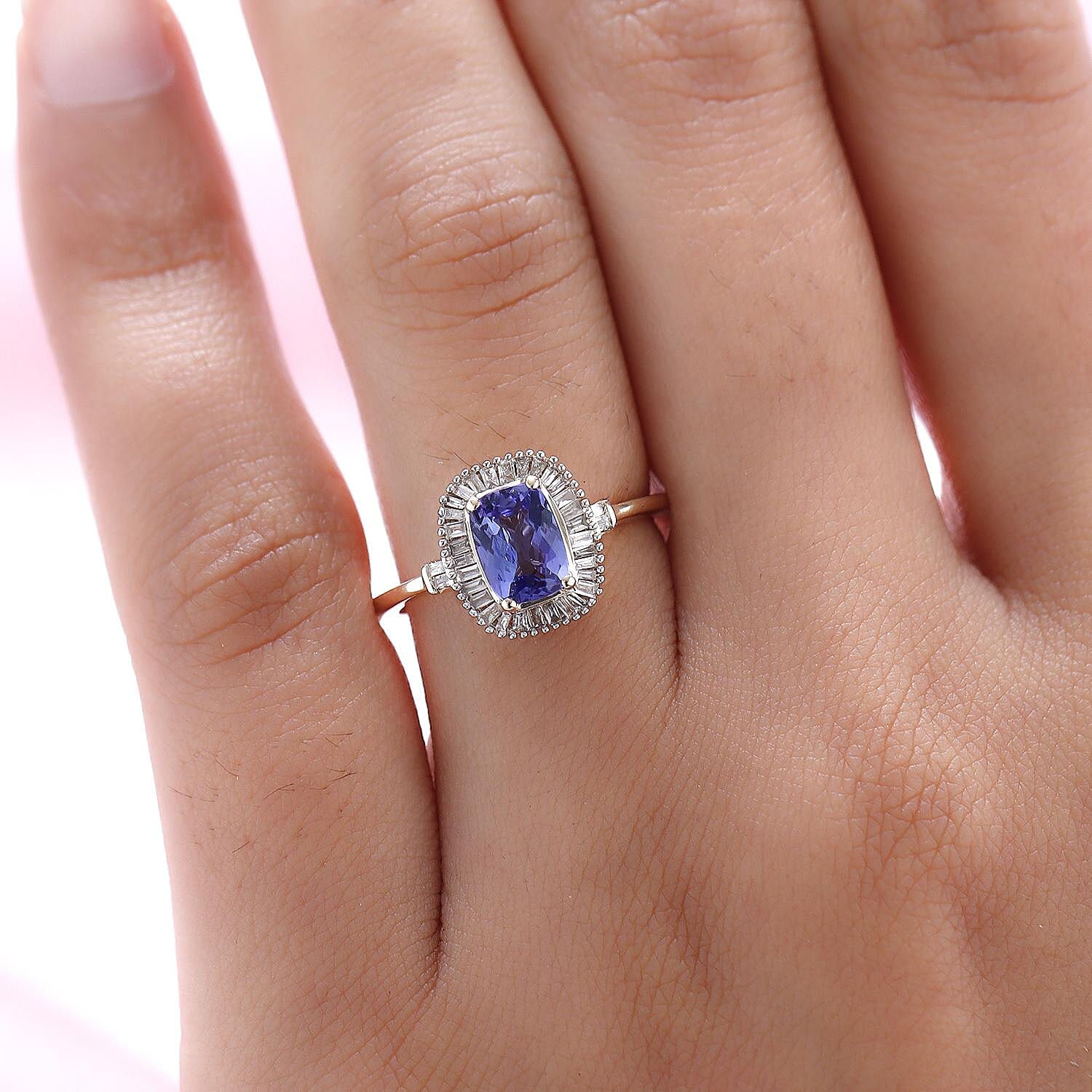 9K Yellow Gold AA Tanzanite (Cus 7x5mm) and Diamond Ring 1.15 Ct.