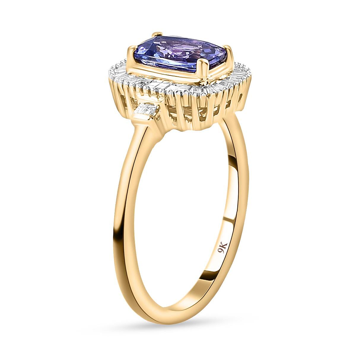 9K Yellow Gold AA Tanzanite (Cus 7x5mm) and Diamond Ring 1.15 Ct.