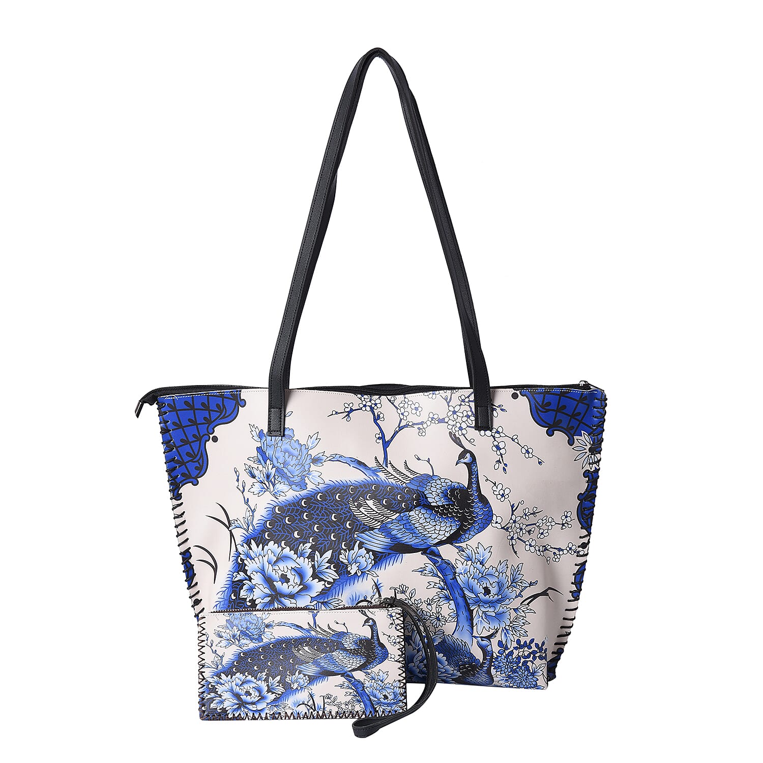 2 Piece Set - Peacock and Peony Pattern Tote Bag (45x9x33cm) and Clutch Bag (20x10cm) - Beige and Blue