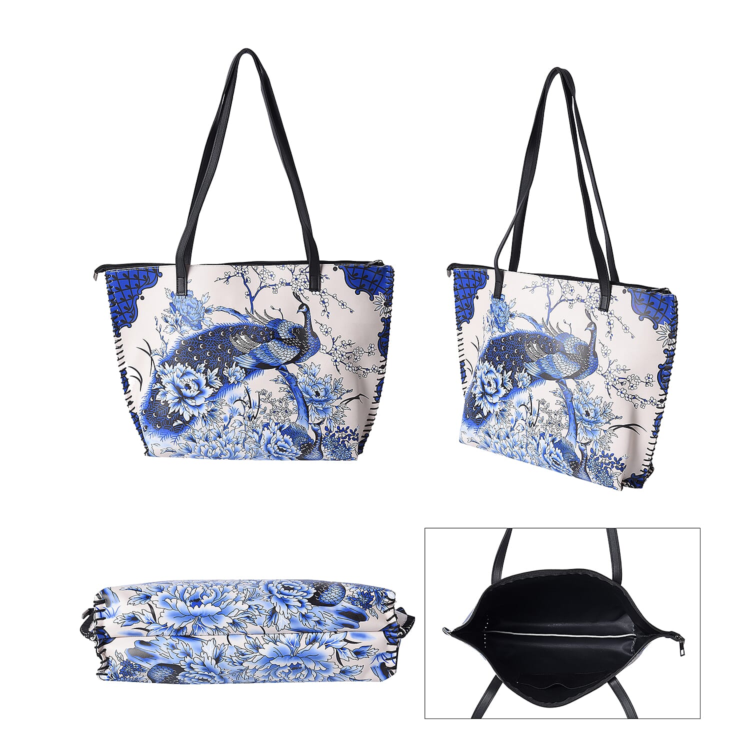 2 Piece Set - Peacock and Peony Pattern Tote Bag (45x9x33cm) and Clutch Bag (20x10cm) - Beige and Blue
