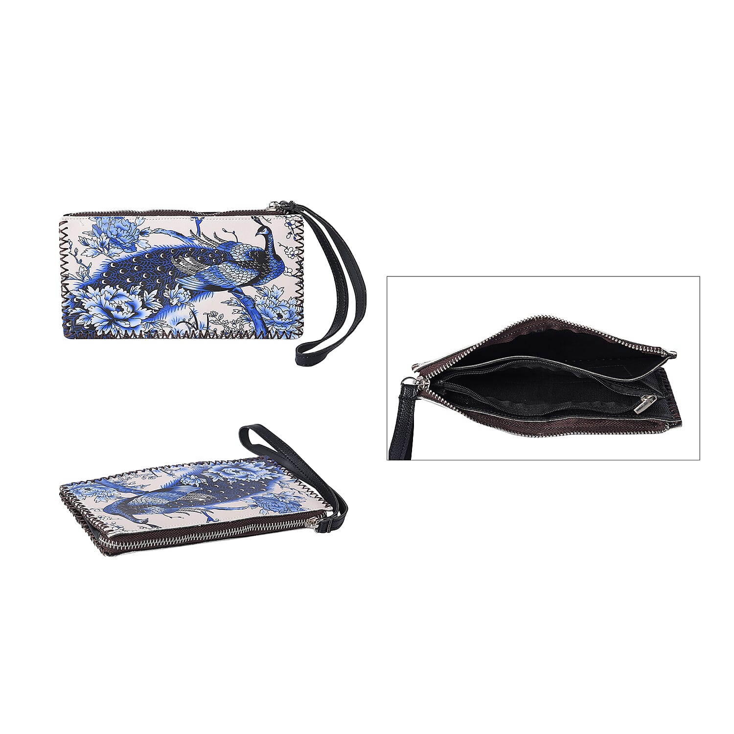 2 Piece Set - Peacock and Peony Pattern Tote Bag (45x9x33cm) and Clutch Bag (20x10cm) - Beige and Blue