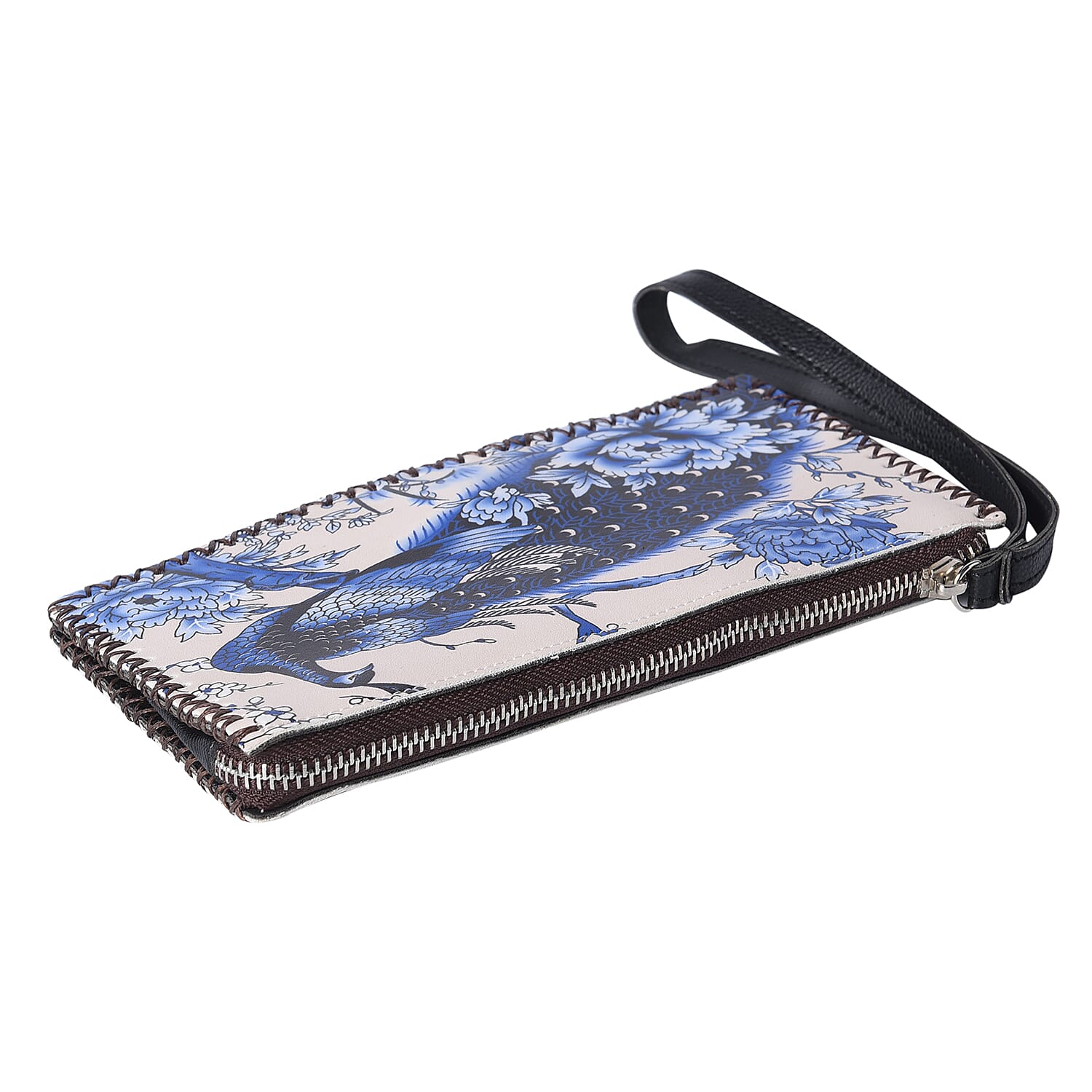 2 Piece Set - Peacock and Peony Pattern Tote Bag (45x9x33cm) and Clutch Bag (20x10cm) - Beige and Blue