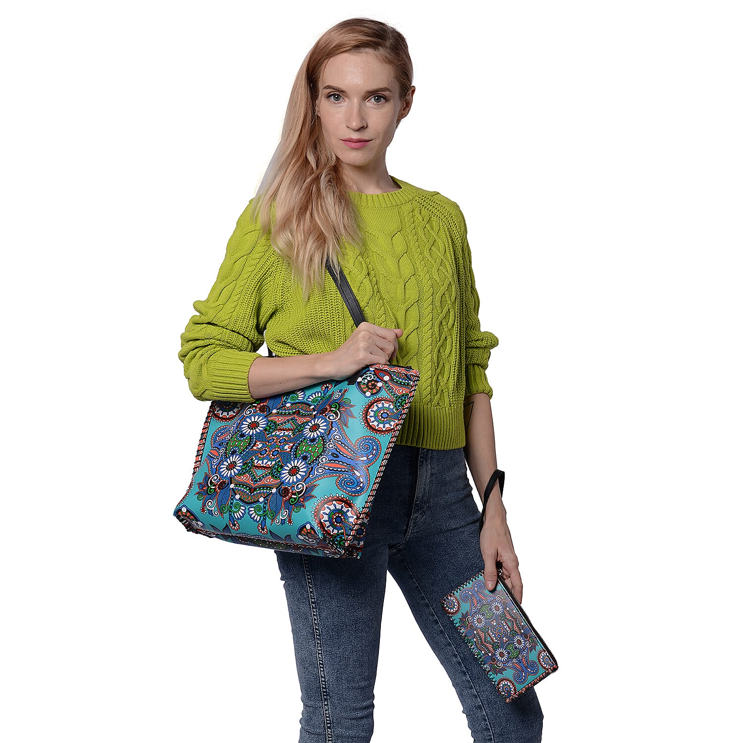 2 Piece Set - Totem Pattern Tote Bag (45x9x33cm) and Clutch Bag (20x10cm) - Multi Colour